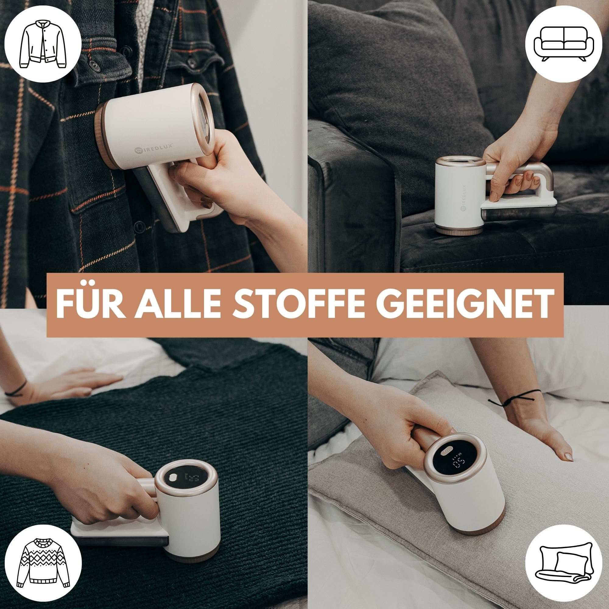 Fusselrasierer Elektrisch WiredLux - Wiederaufladbarer Fusselentferner für Kleidung & Möbel - Einstellbare 3-Fach Geschwindigkeit, 6-blättrige Klinge, LED-Anzeige, USB-Aufladung (Weiß)