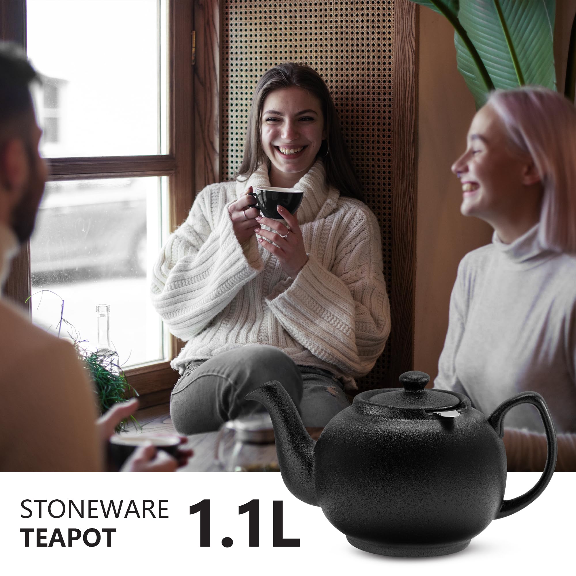 Urban Lifestyle Teekanne mit Siebeinsatz, Keramik Teekanne 1,1 L Schwarz mit Edelstahl Teefilter 304, extra fein, Teapot für losen Tee und Teebeutel, tropffrei, spülmaschinenfest
