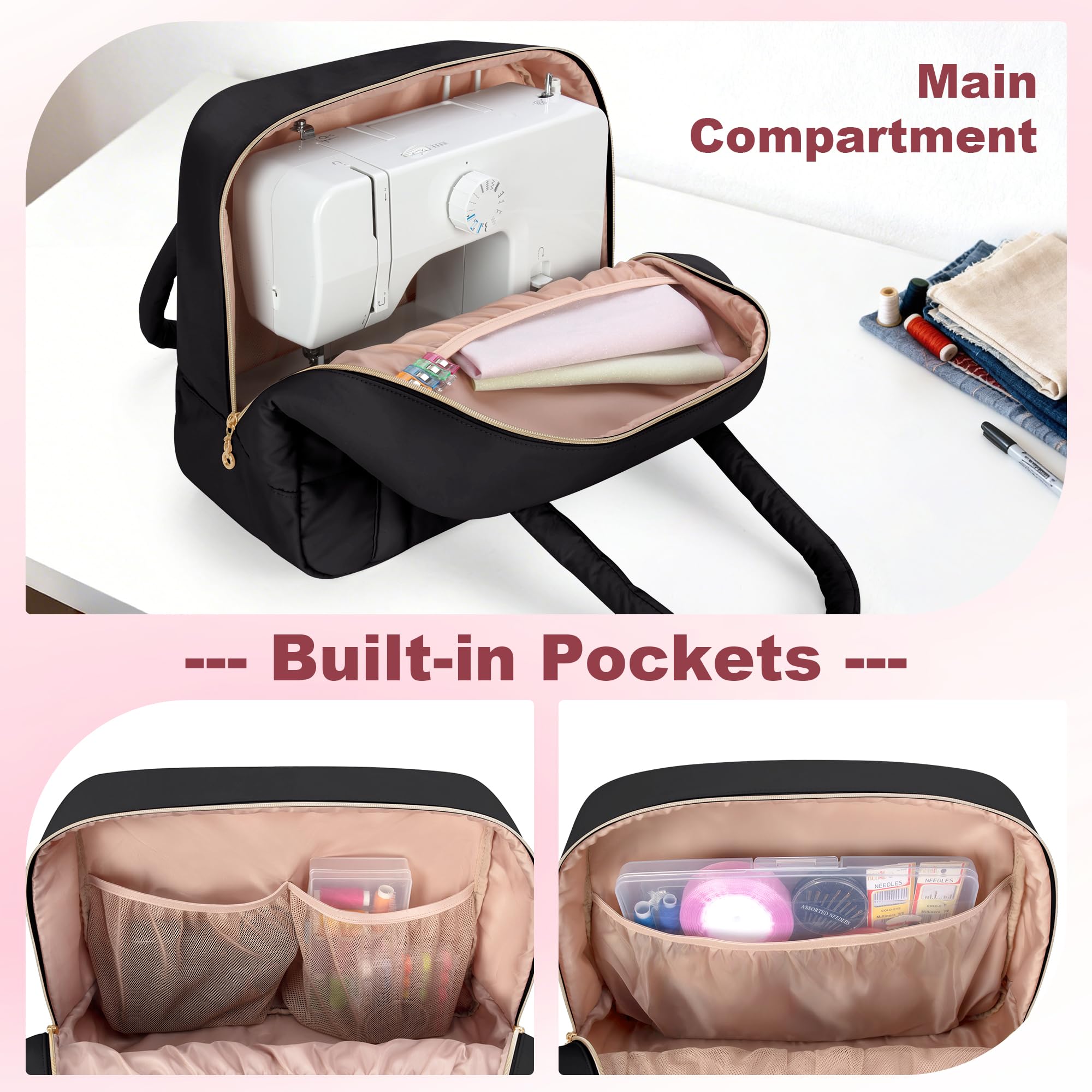 Teamoy Tasche für Nähmaschine, Nähmaschinentasche mit Mehreren Fächern und Trolley-Hülle für die Meisten Gängigen Haushaltsnähmaschinen und Nähmaschine Zubehör, Schwarz