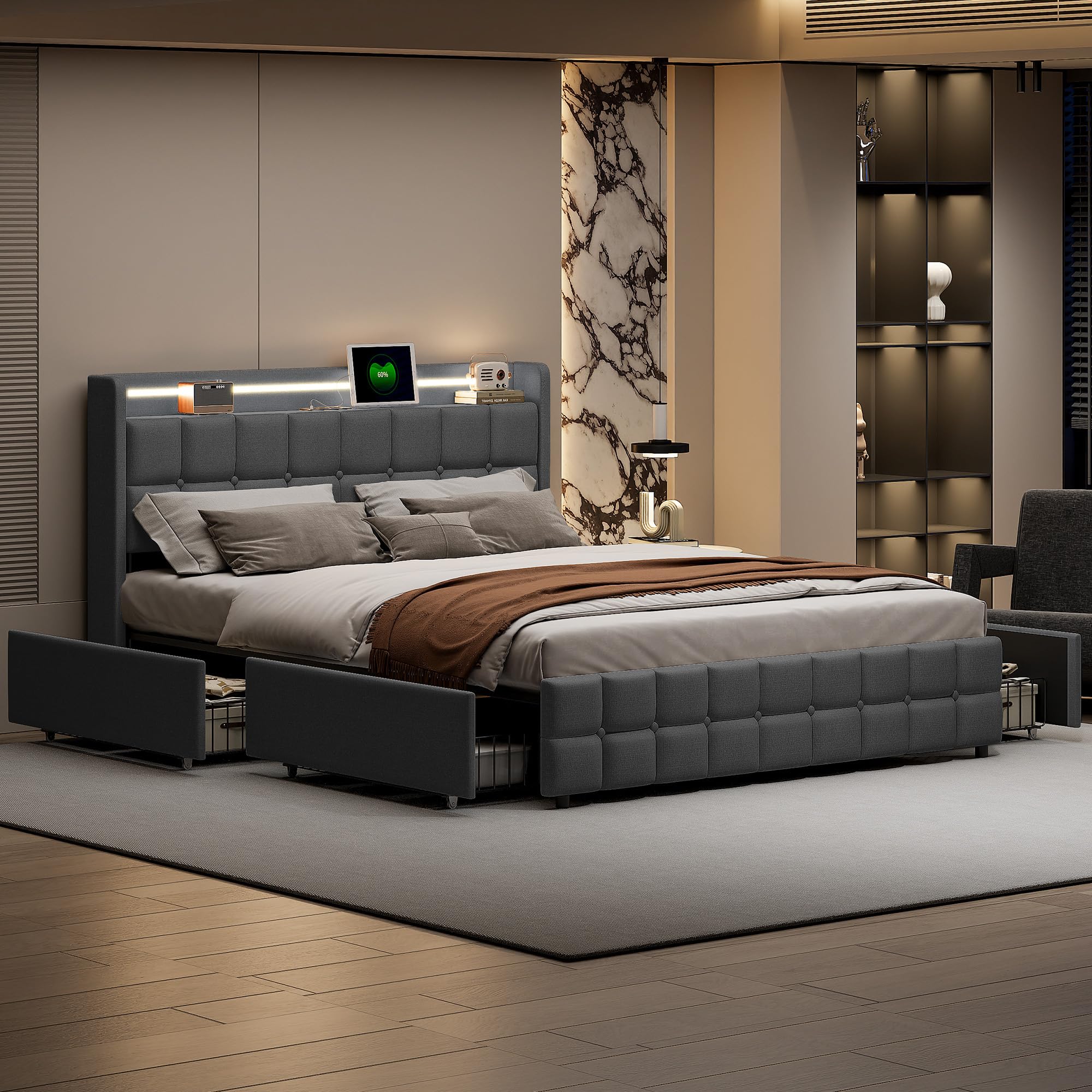 CDQL Letto imbottito 160 x 200 cm con 4 cassetti, letto matrimoniale con illuminazione a LED e porta USB, struttura del letto con rete a doghe, letto per ragazzi, letto degli ospiti, in lino, grigio