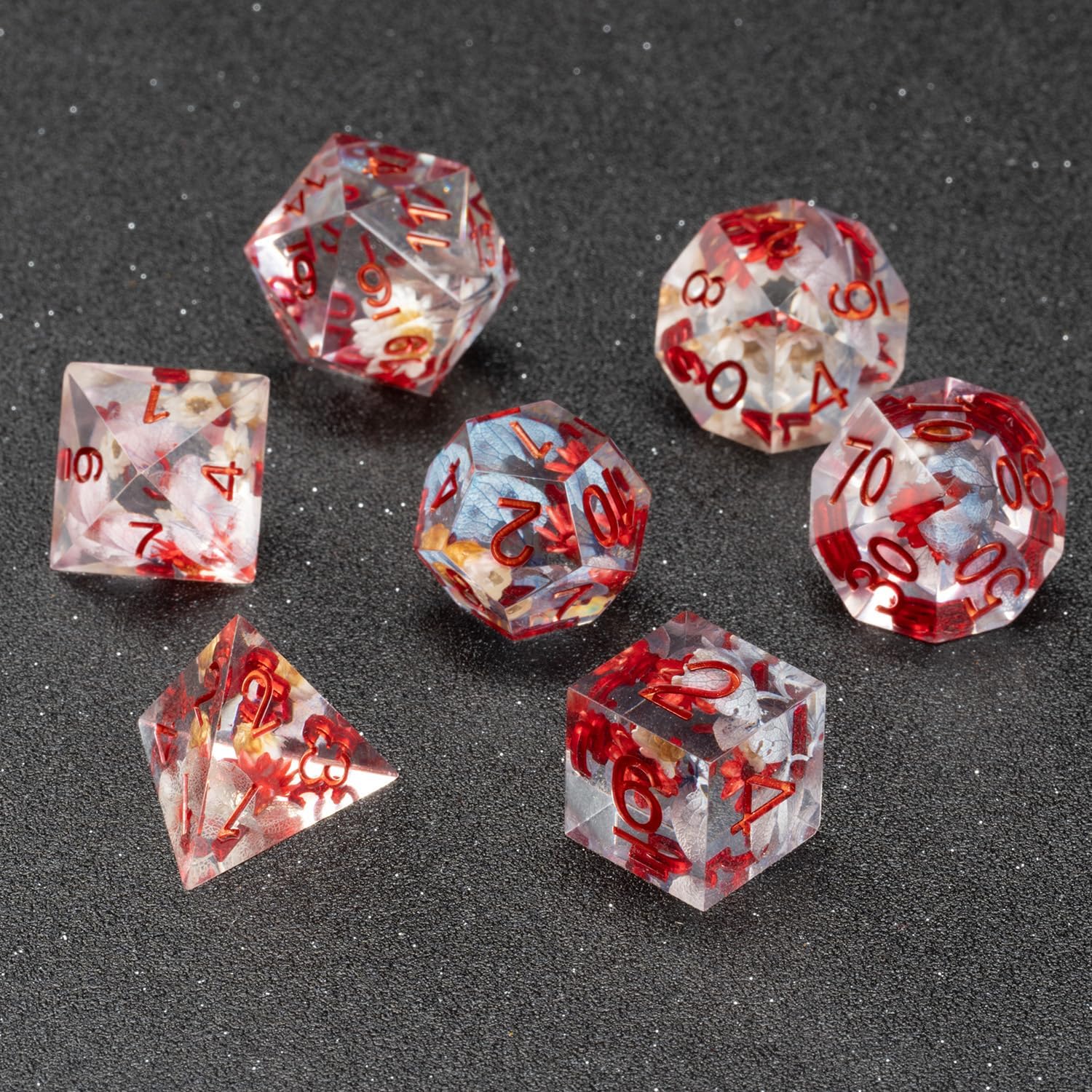 Fugacity DND Dice Set, Handmade Sharp Edge 7 Piece Resin Dice-Dungeons and Dragons Polyhedral Dice Set, D&D Dice Set with Gift Dice Case for RPG MTG Table Games(White Flower & Red Leaf)
