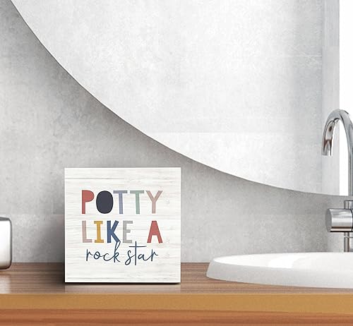 Miniatura 6 de SRADMO Letrero de madera con texto en inglés "Potty Like a Rock Star, decoración de escritorio, divertida caja de bloques de madera para baño,