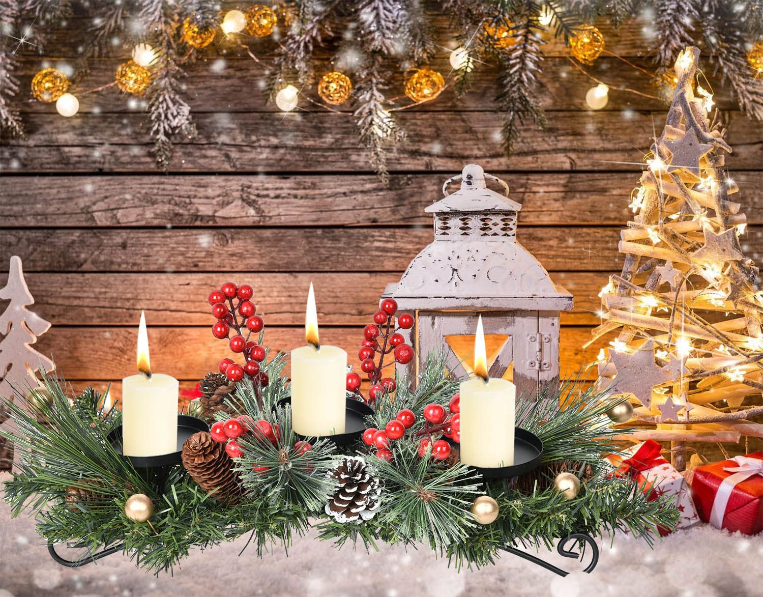 Portavelas de Navidad de 22 pulgadas, centro de mesa con piñas de pino y bayas rojas doradas con 3 portavelas, centro de mesa para decoración del hogar y festivales