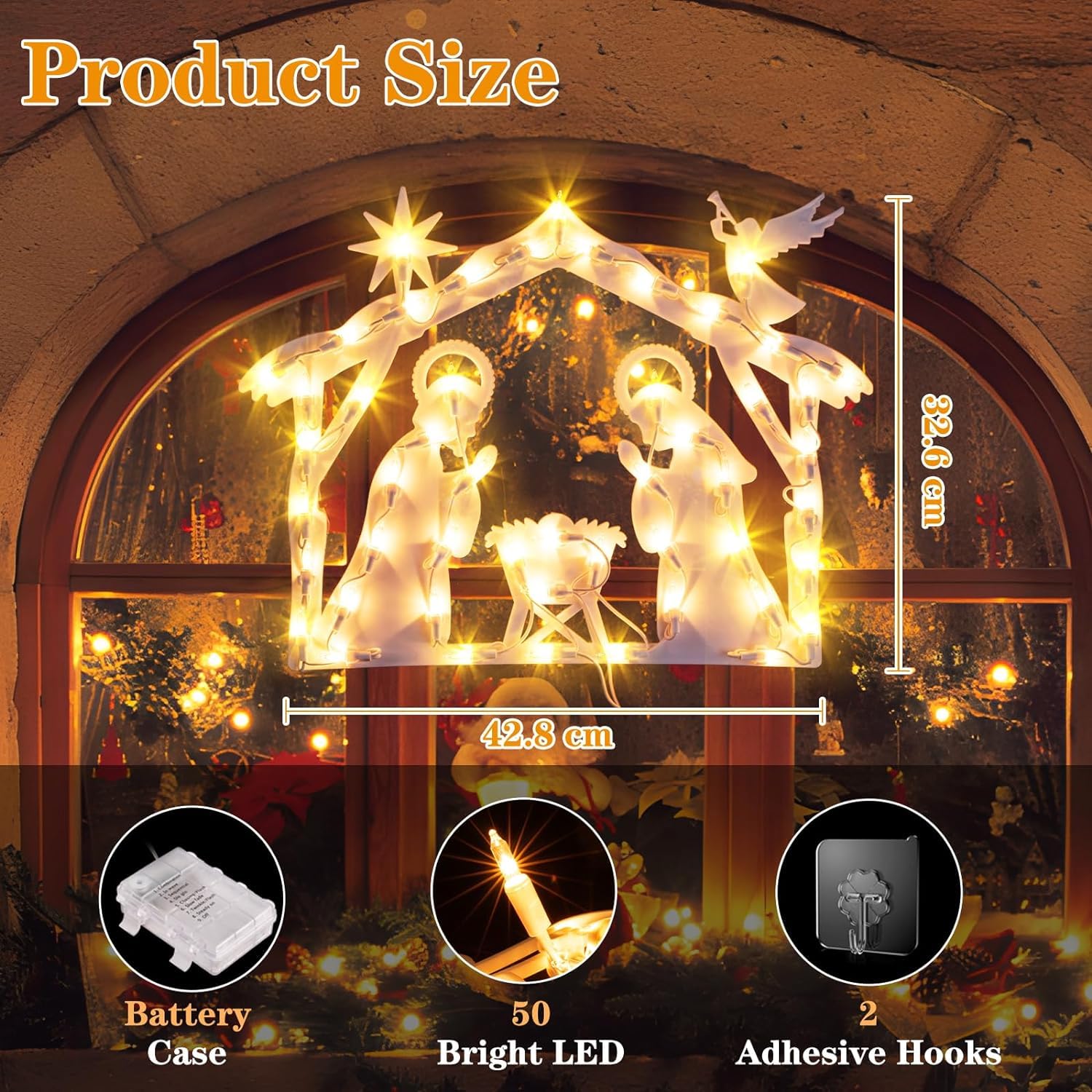 GlobaLink Luces Nacimientos de Navidad con 50LEDS, 8 Modos Impermeables iP44 Función de Memoria Nacimientos Navidad Decorativas para Interior y Exterior, Ventana, Pared, Escaparate, Blanco Cálido