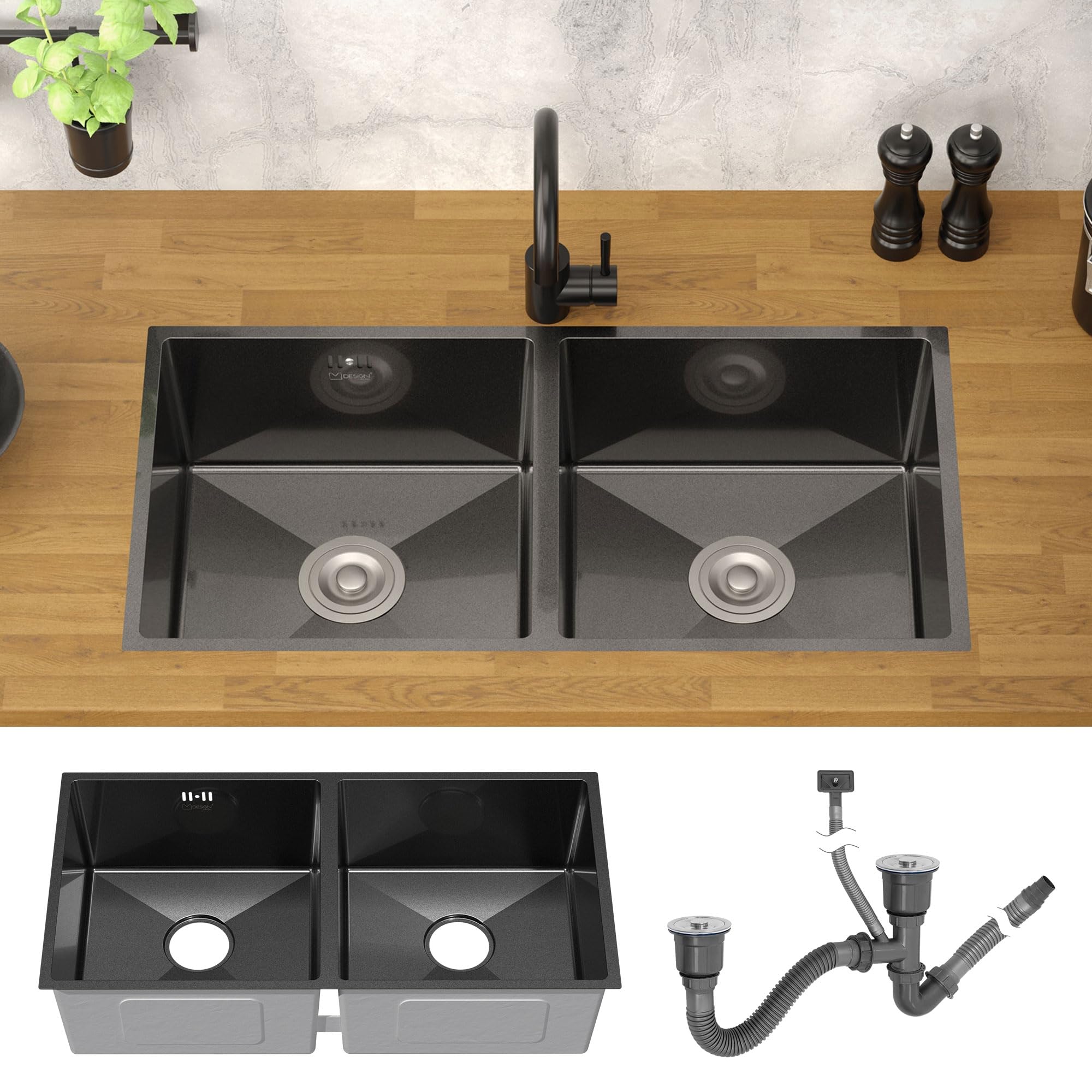 ML-Design Fregadero de Cocina Doble 81,5 x 40 cm de Acero Inoxidable Antracita Lavabo con 2 Cubetas y Sifón Rectangular Bajo Encimera con Juego de Desagüe y Rebosadero Resisten a la Corrosión