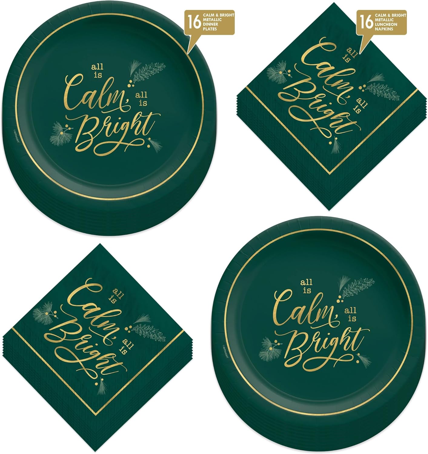 HOME & HOOPLA Christmas Party Calm & Bright Large Paper Dinner Plates and Lunch Napkins in Modern Green & Gold (Serves 16)