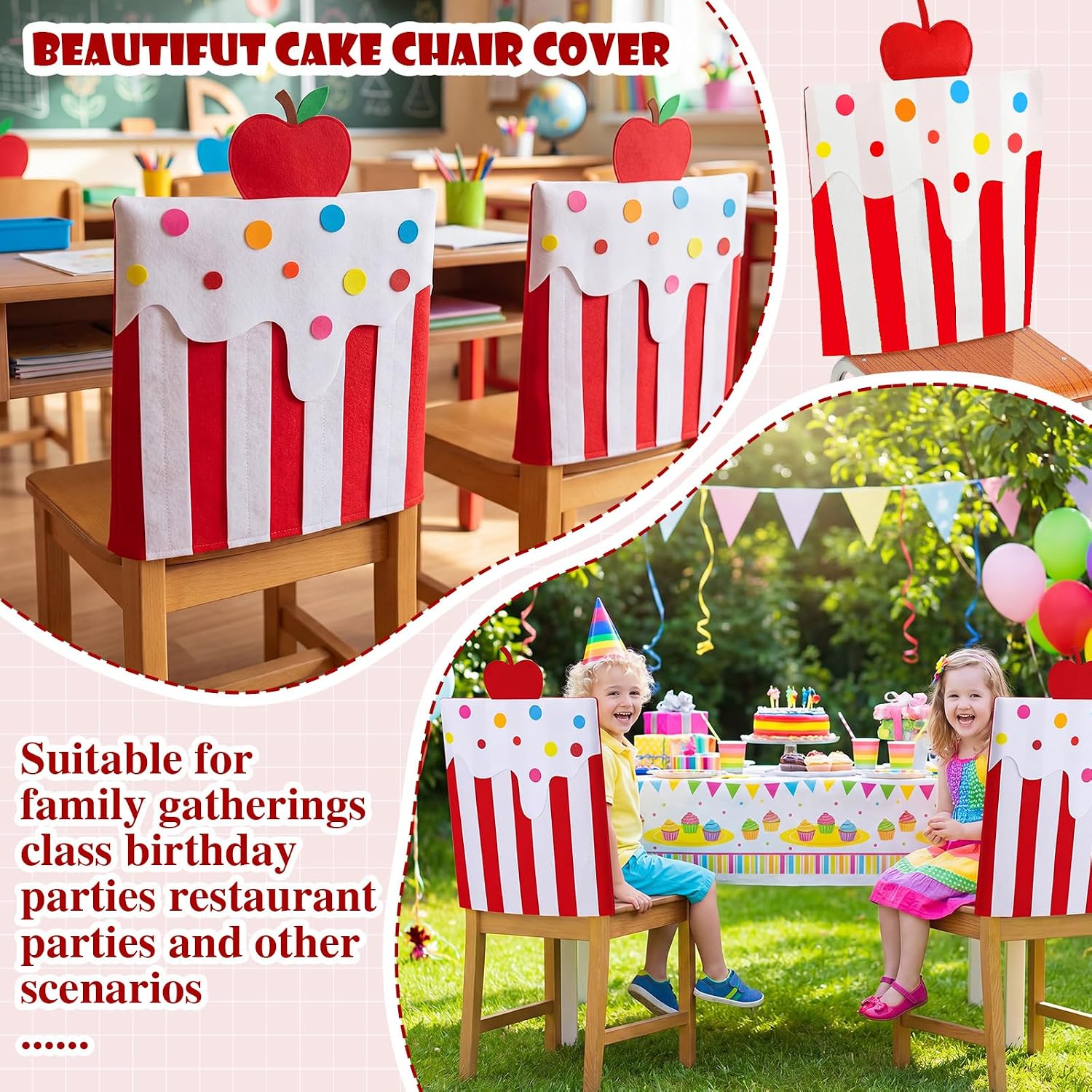 Moukeren 2 Pcs Happy Birthday Chair Cover 19.69 x 19.69 Inch Birthday Seat Cover Cake Chair Back Covers for Kids Student Home School Classroom Office Dining Party Decorations (Red)