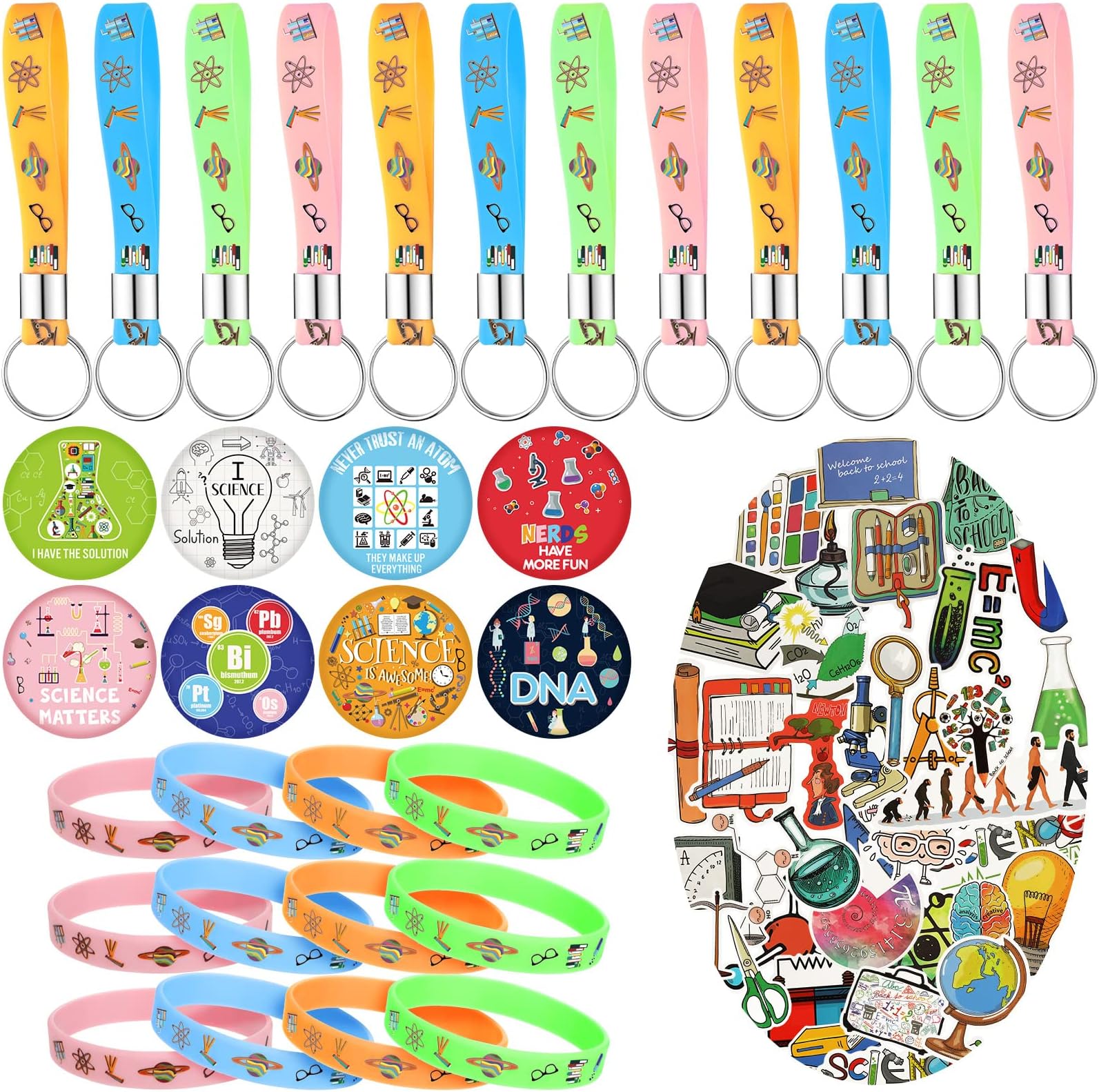 Glenmal 90 Pcs Science Birthday Party Supplies Include 12 Bracelets, 16 Button Pins, 12 Keychain, 50 Science Stickers, Science Party Favors for Boys and Girls Science Goody Bags Stuffers