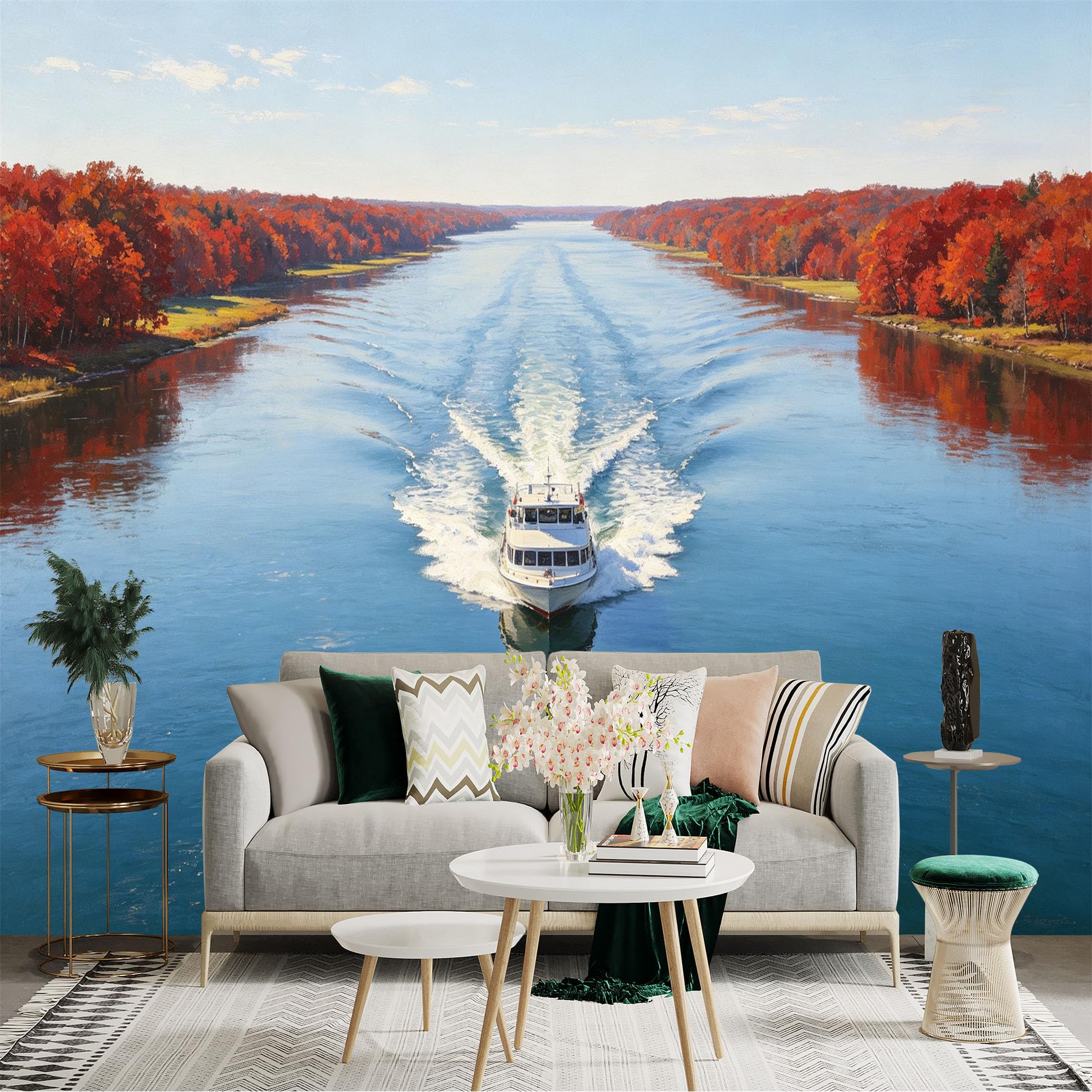 Custom Size Wall Sticker Mural， Boat Sailing on Calm River， Vibrant Autumn Foliage， Peaceful Waterway Landscape， for wall Decoration， peelandstick wall Decals.