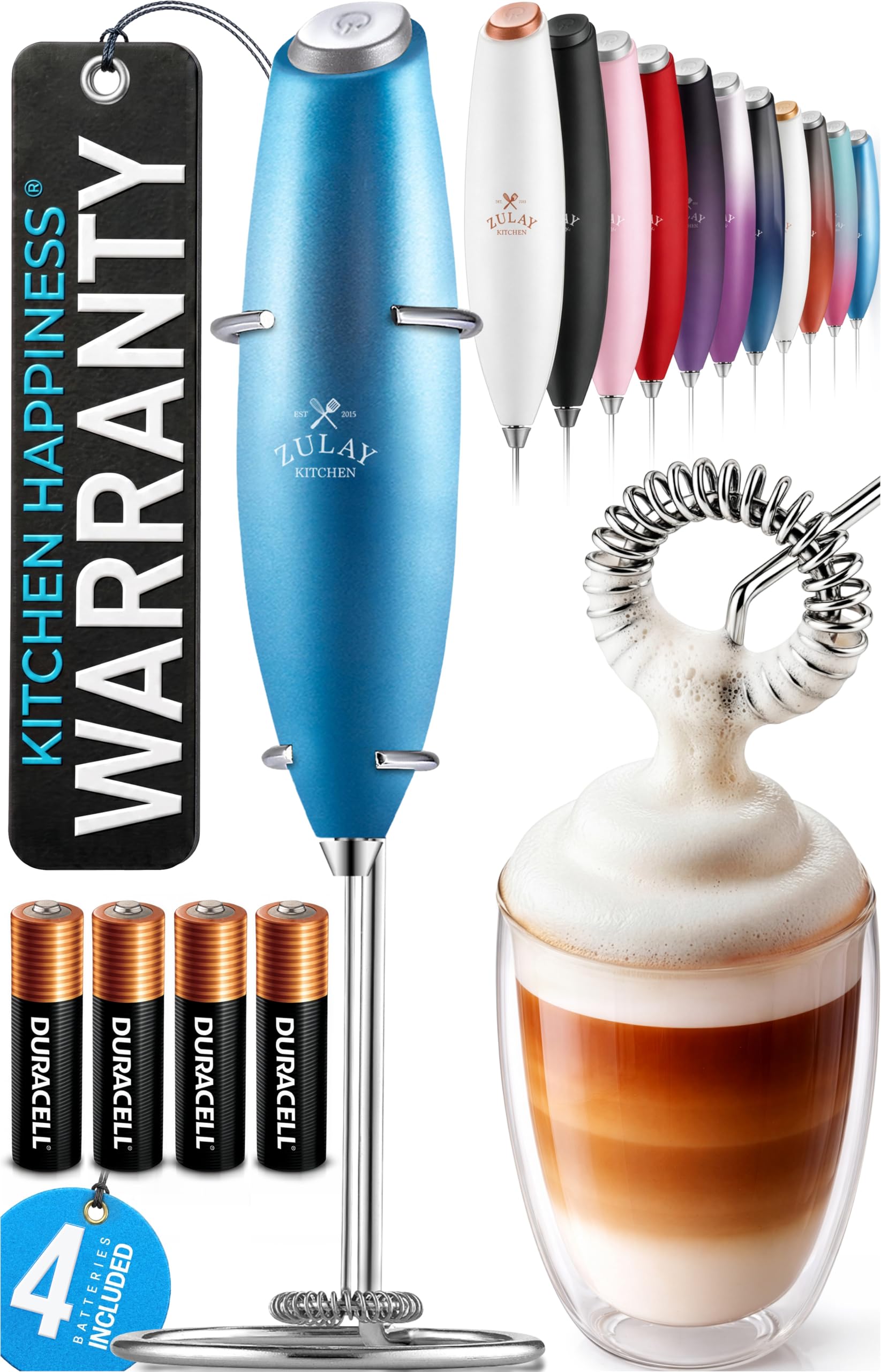 Zulay Kitchen Powerful Milk Frother Wand With Duracell Batteries - Ultra Fast Handheld Drink Mixer - Electric Whisk Foam Maker for Coffee, Lattes, Cappuccino &amp; Matcha - Z1 Motor - Metal Blue