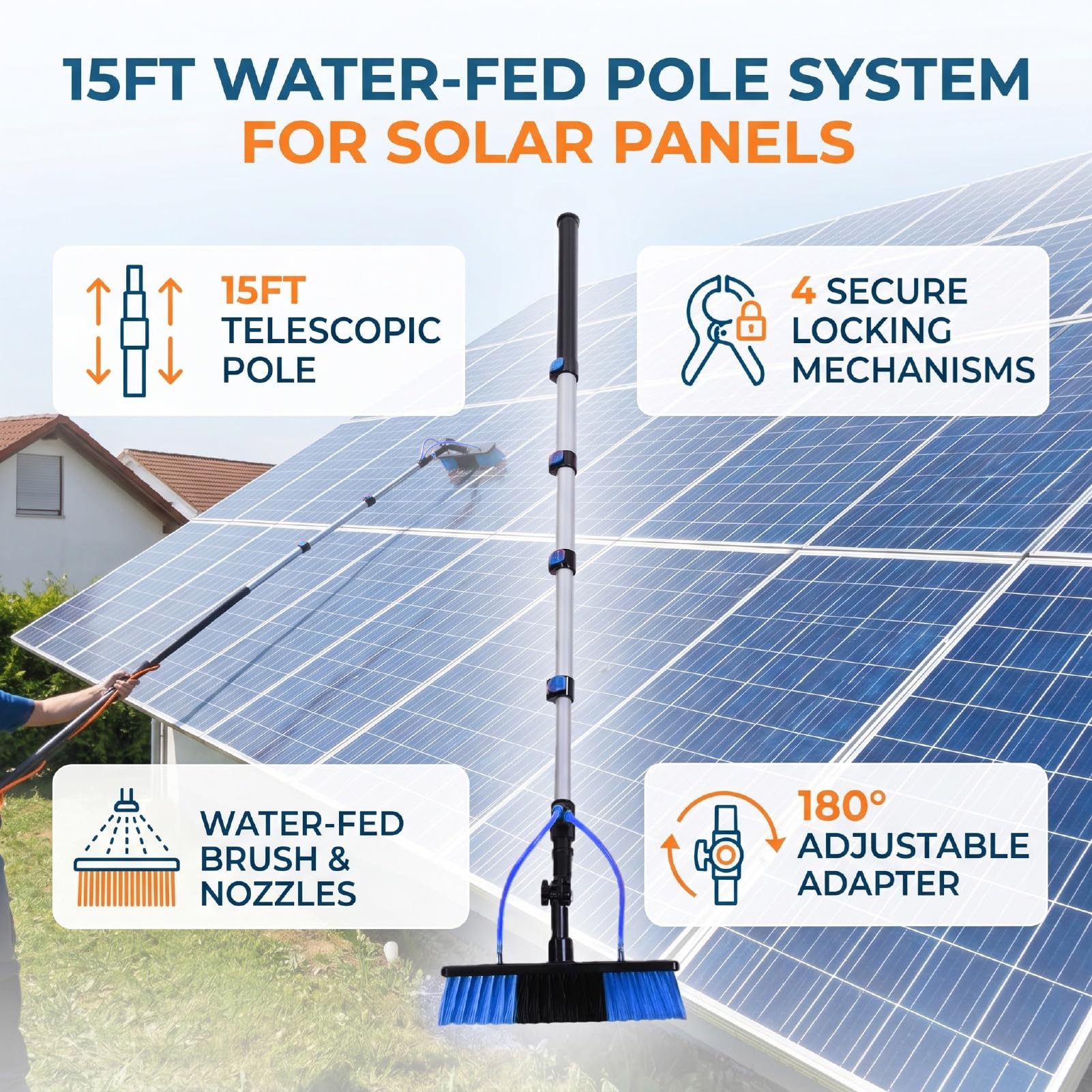 Generic Kit Spazzola per la Pulizia del Pannello Solare di Pulizia delle Finestre con Palo Estensibile Alimentato Ad Acqua da 15 Piedi a 5 Sezioni per Grondaie da Tetto, Soffitti Alti