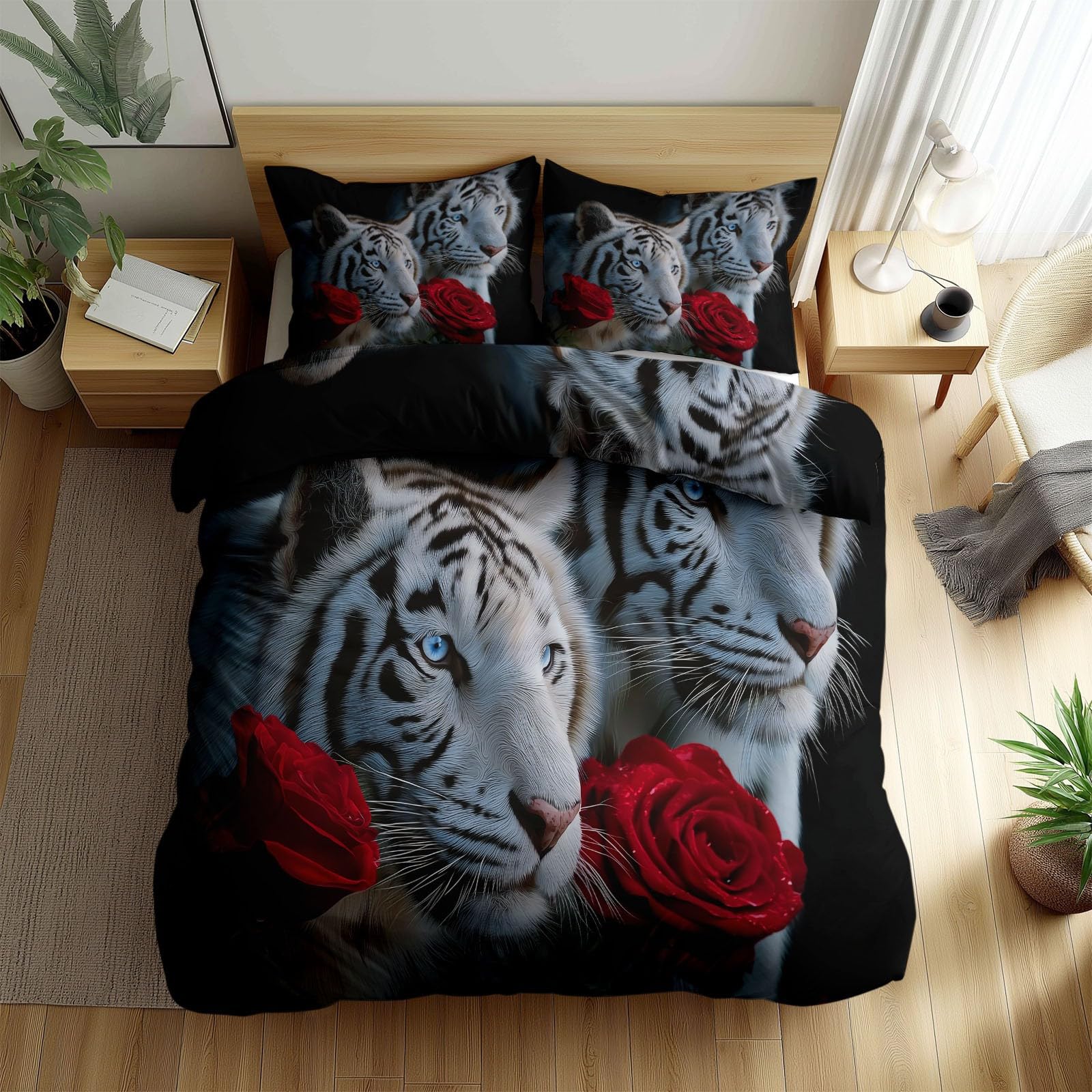 Housse de couette 240x260 tigre blanc et roses avec parure de lit 2 personnes noire en microfibre