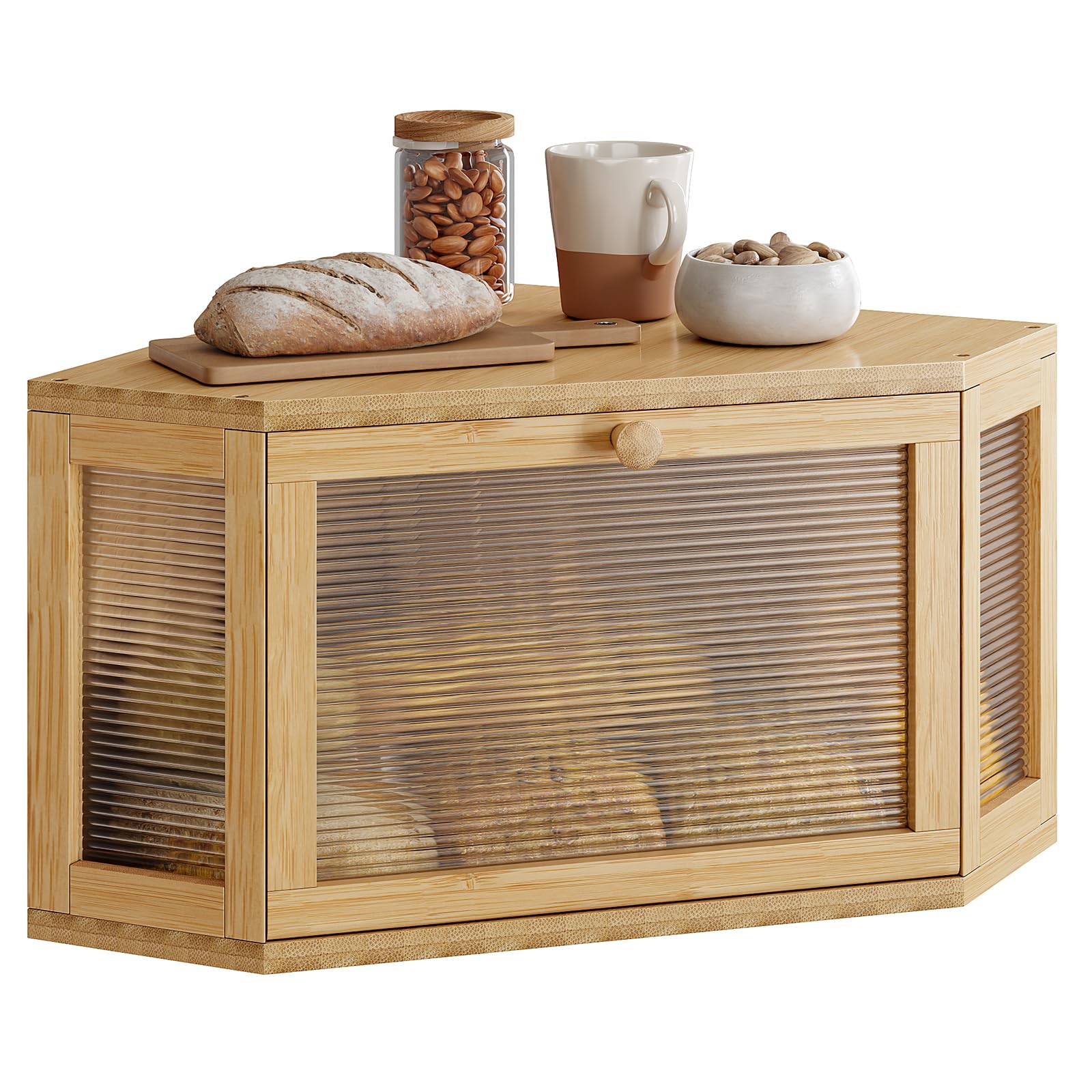 WOWLIVE Corner Bread Box, Bamboo Bread Storage with Acrylic Wavy Door