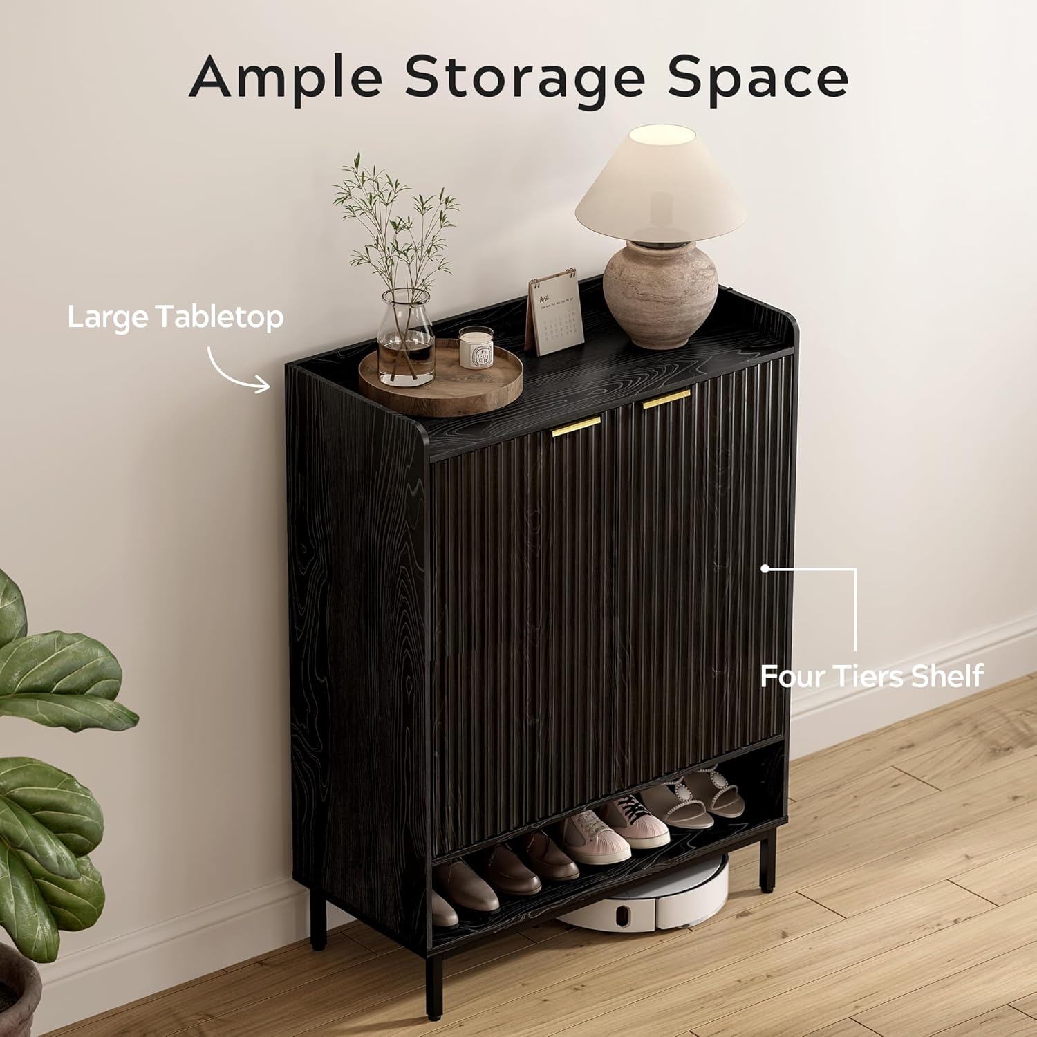 EYYTHUNG Fluted Shoe Cabinet with Doors, Large Wooden Shoe Storage Cabinet with Hanging Rod, Modern Tall Freestanding Shoe Rack Organizer for Entryway, Hallway Black