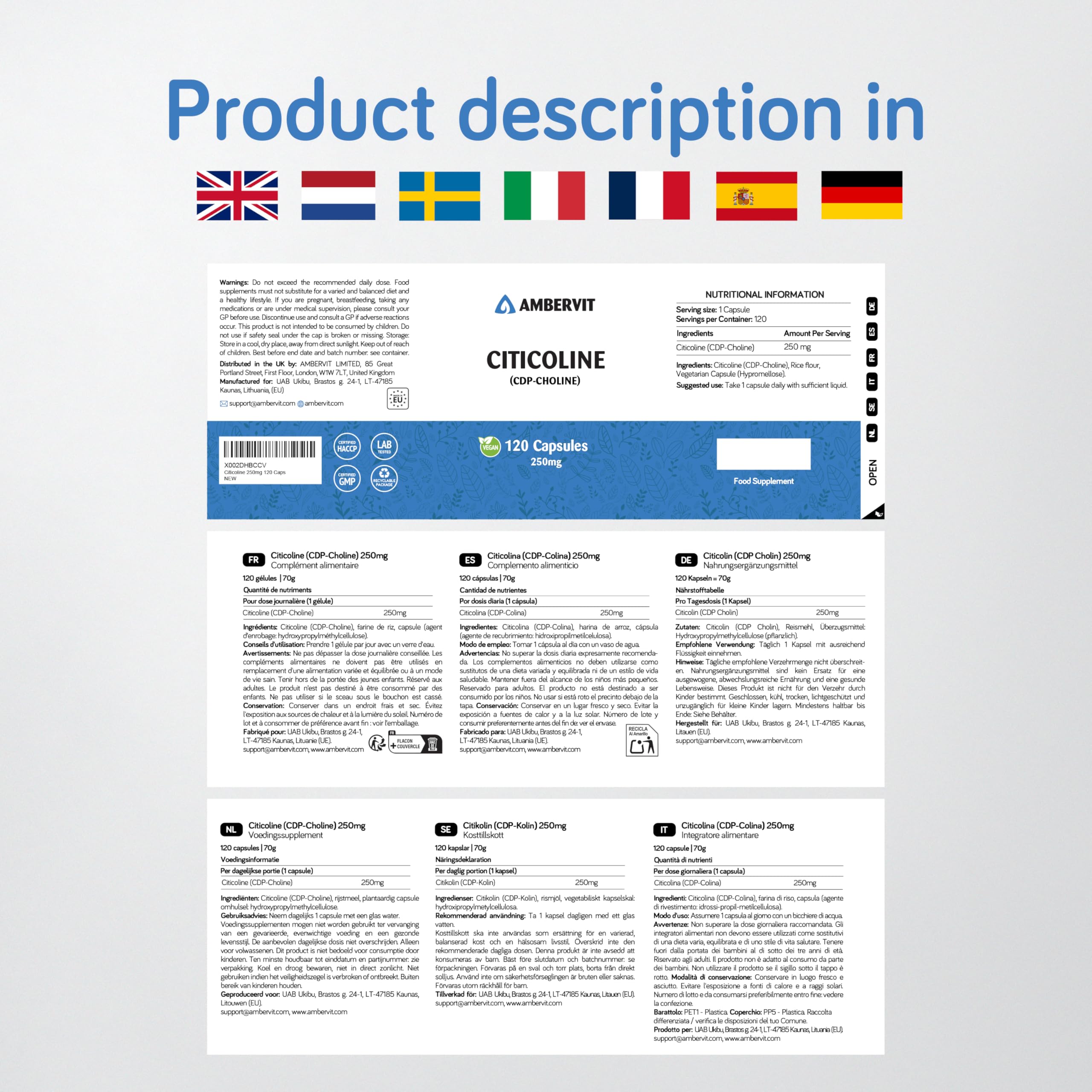 Citicoline CDP-Choline 250mg - 120 Capsules - Pour mémoire, concentration & soutien mental - Sans additifs indésirables - 4 mois d'approvisionnement | Ambervit