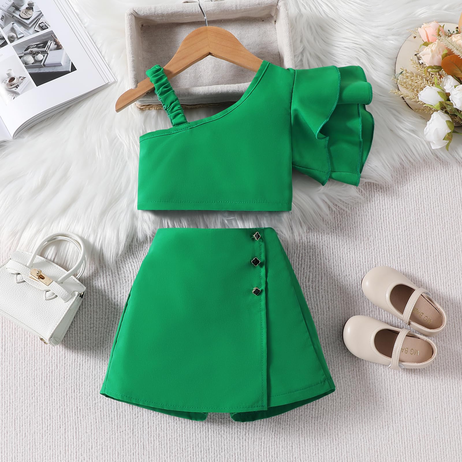 niceclould Kids Girls Ruffle Sleeve Asymmetric One Shoulder Crop Tops and Shorts Skirt Solid Color Summer Outfits Set 18M-6Y (A-Green, 18-24 Months)
