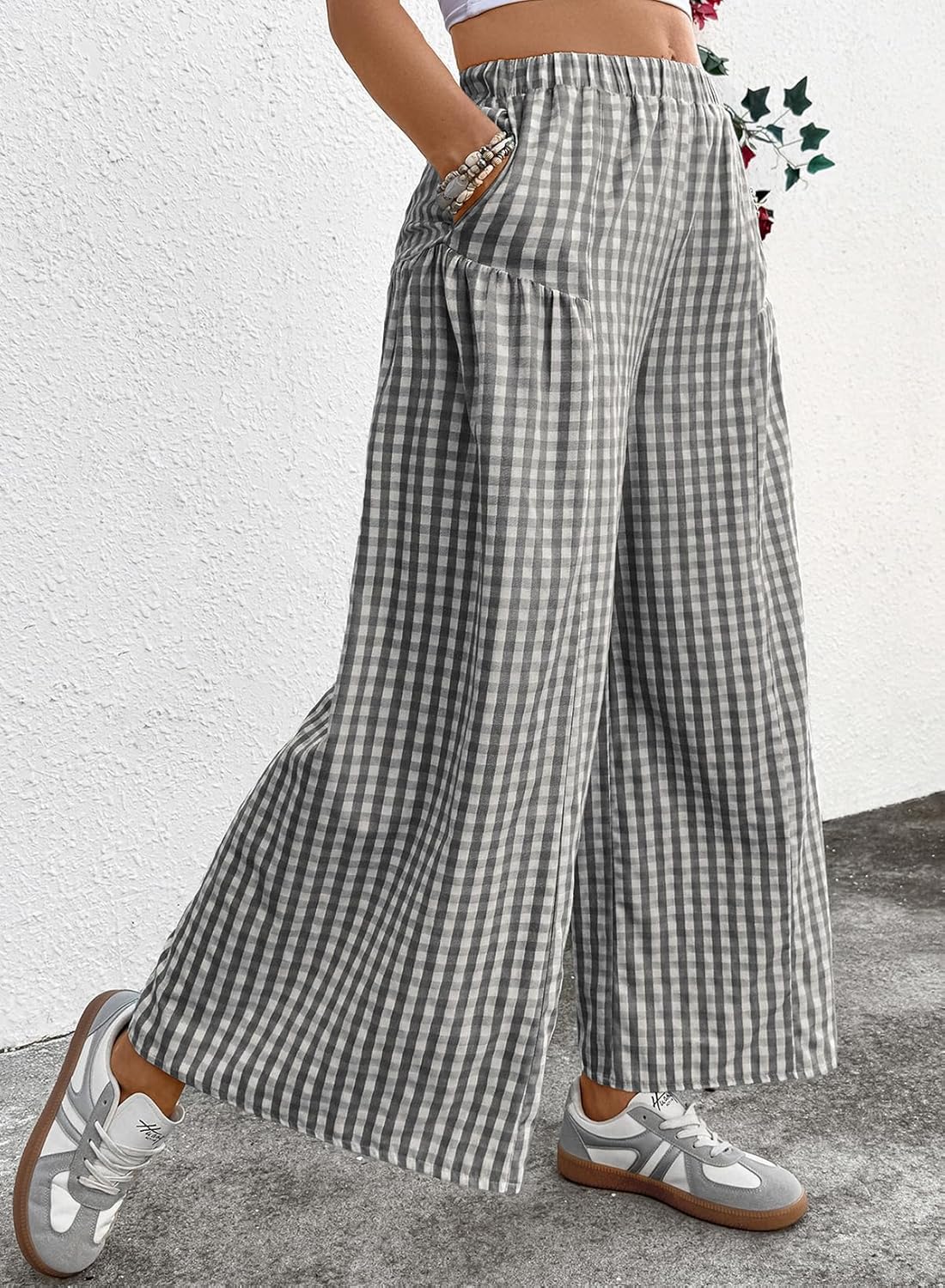EVALESS Women's Wide Leg Palazzo Pants Casual Elastic High Waisted Cotton Gingham Plaid Culottes Trousers with Pockets - Image 3