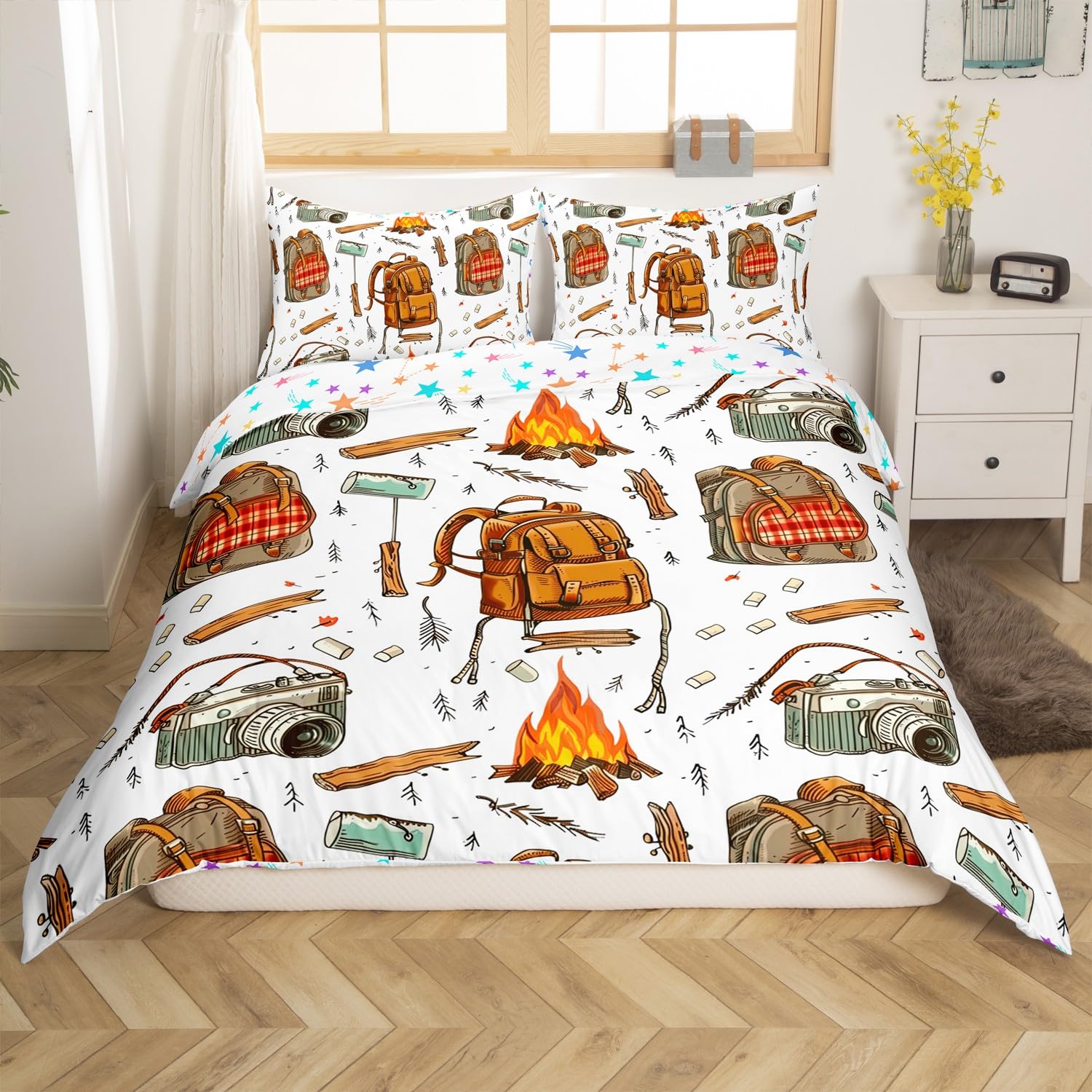 Homemissing Camping Bedding Set Double Size Camper Comforter Cover Set Accessories for Travel Trailers Duvet Cover Camping Backpack Print Bedspread Cover Room Decor Jade White Quilt Cover,No Comforter — image 1