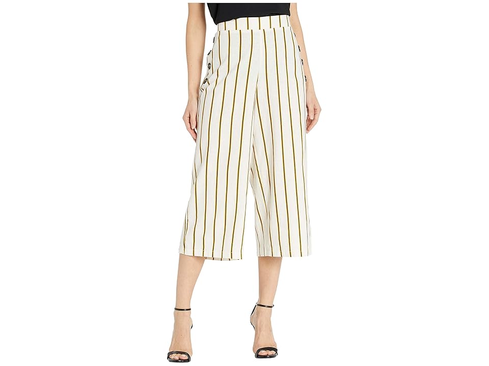

eci Wide-Legged Printed Stripe Linen Pants w/ Side Buttons (Ivory) Women's Casual Pants, White