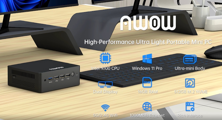 Intel N100 Computer AWOW AK10 Pro Mini PC - Intel N100 16GB DDR4