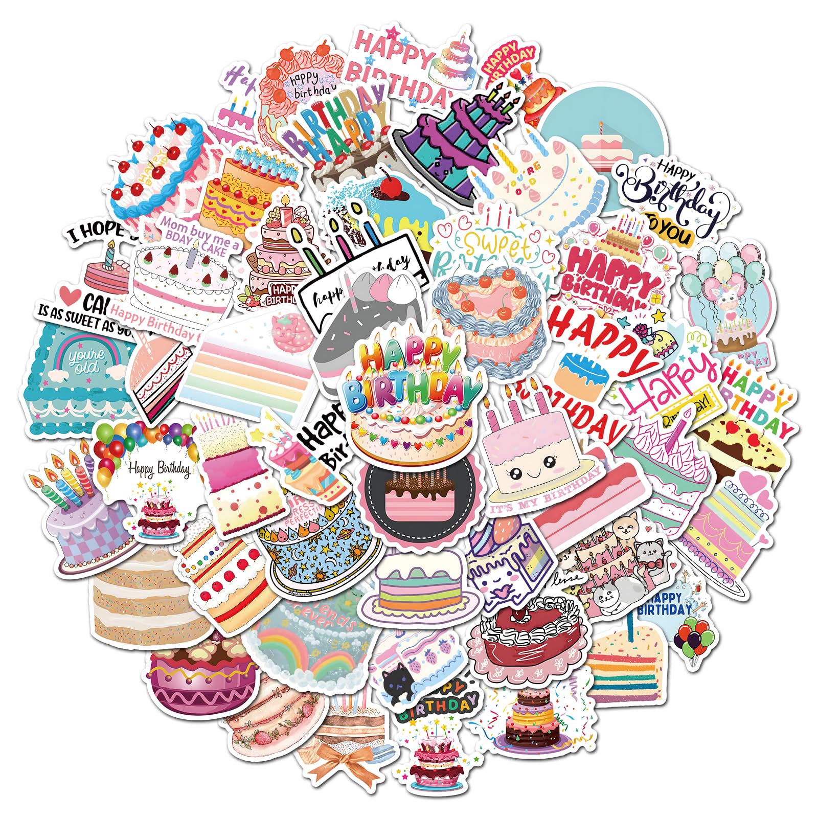 50Pcs Happy Birthday Stickers for Kids, Waterproof Cartoon Happy Birthday Stickers Festive Home Decor, Vinyl Cute Birthday Party Decals for Water