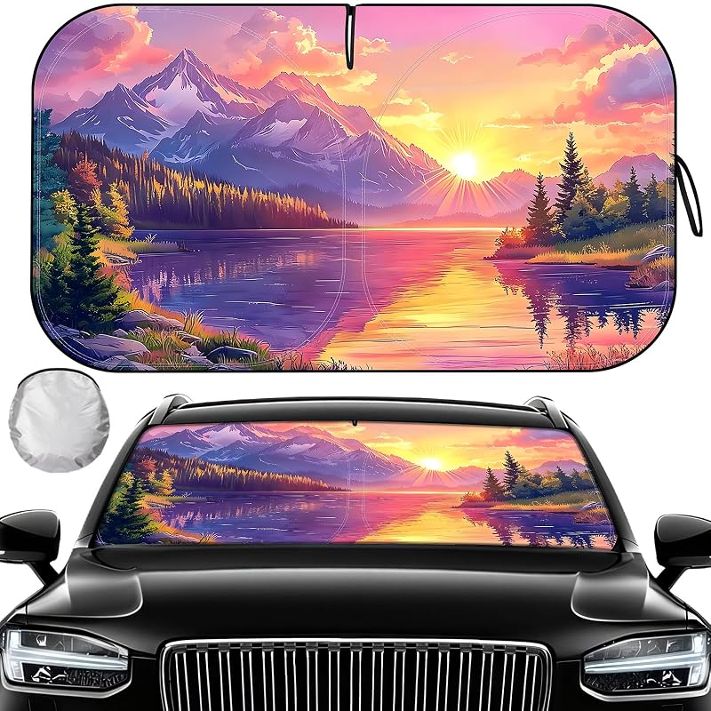 Protetor solar para para-brisa fauson dobrável com bolsa, material refletivo, 144,8 x 81,3 cm, Purple Sunset Lake