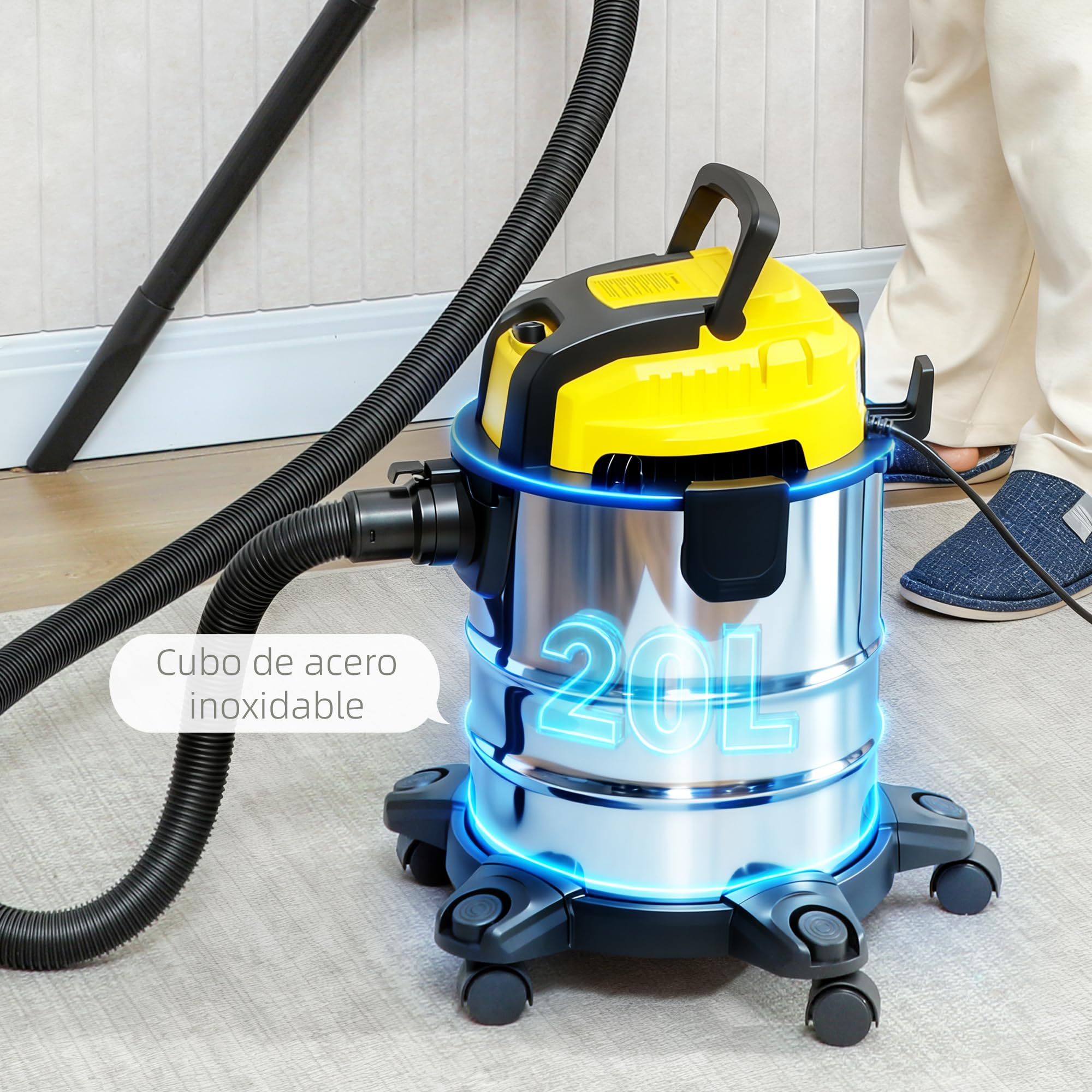 HOMCOM Aspirador en Seco y Húmedo 3 en 1, 1200W, Aspiradora con Función de Soplador, Manguera 2 m, Depósito Inoxidable 20L, Triple Filtro, Boquilla para Suelos y Ranuras, Amarillo