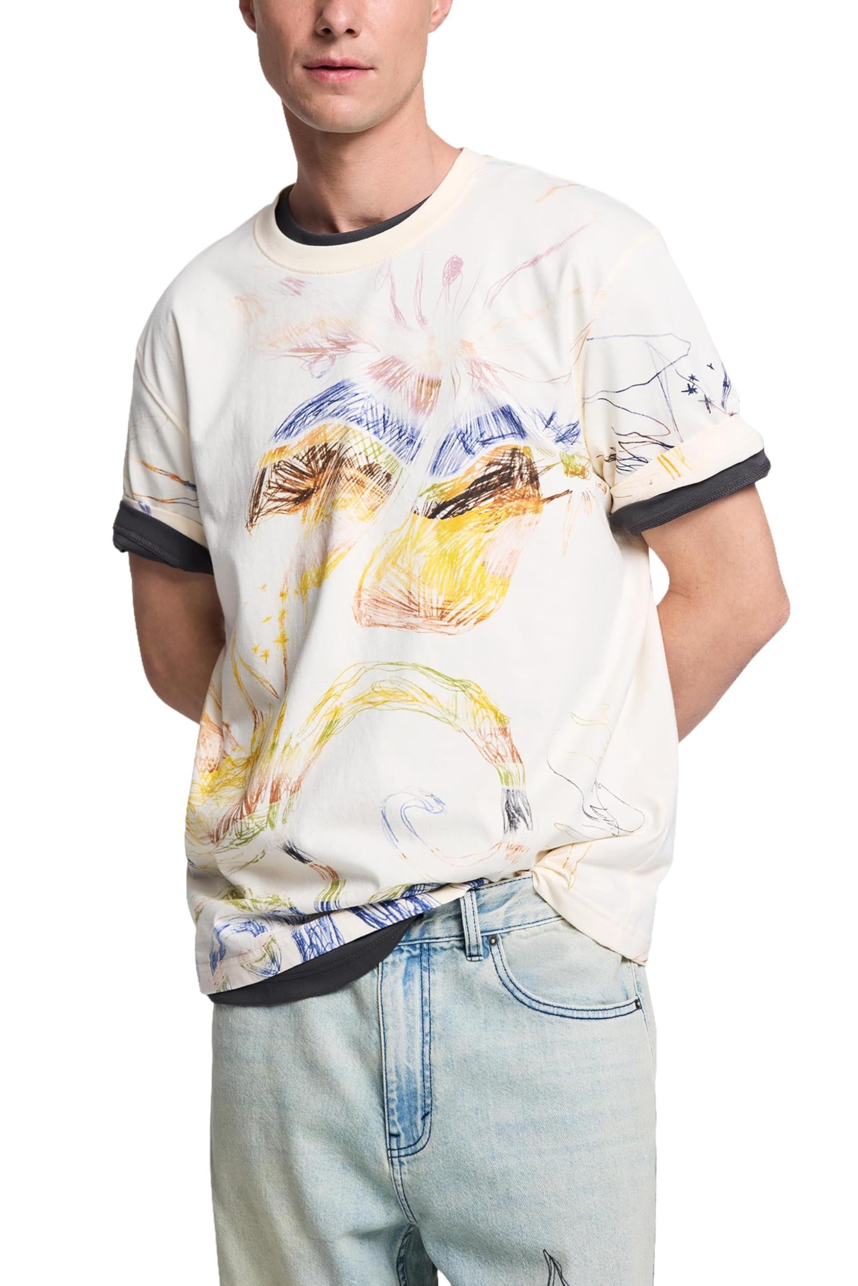 Desigual Herren Weiß Bedrucktes T-Shirt Mit Zeichnungen, Baumwolle, L