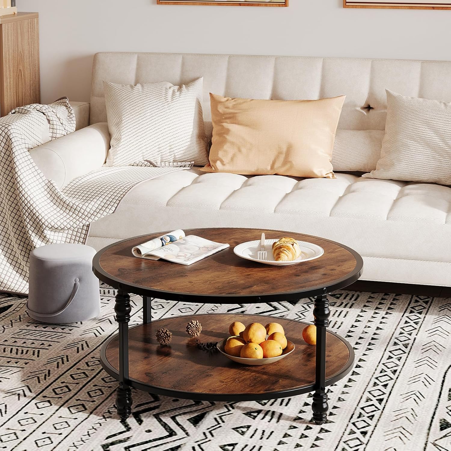 Round Coffee Table, Living Room Center Table with Storage Shelf, Rustic Wood Circle Coffee Table with Sturdy Metal Legs, 2-Tier Vintage Furniture for Living Room, Easy Assembly Accent Cocktail Table