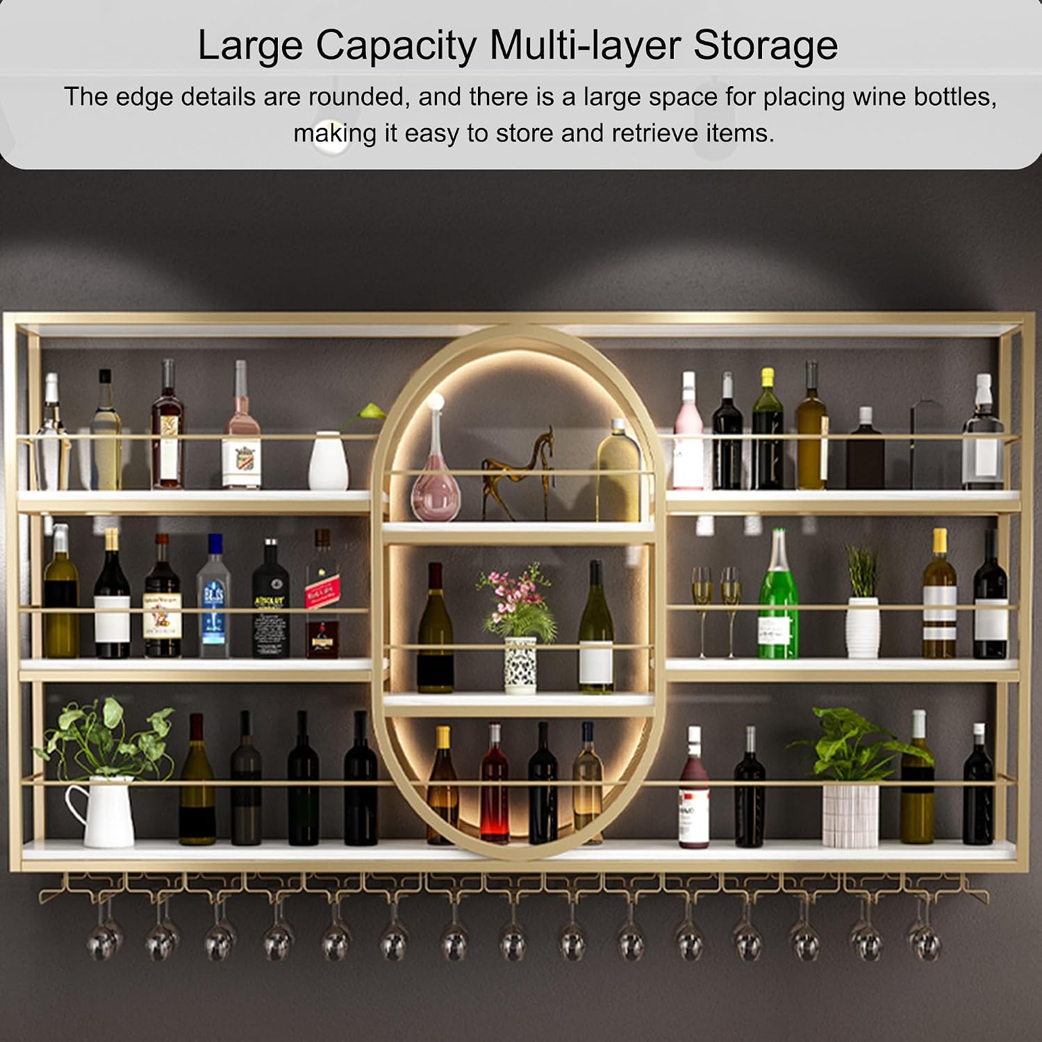 Wine Rack Wall Mounted Floating Bar Shelves for Liquor Bottles with LED Light Liquor Bottle Display Shelf with Hanging Wine Glass Rack Kitchen Wall Shelf for Home Bar Dining Room Kitchen(Black,100*20*
