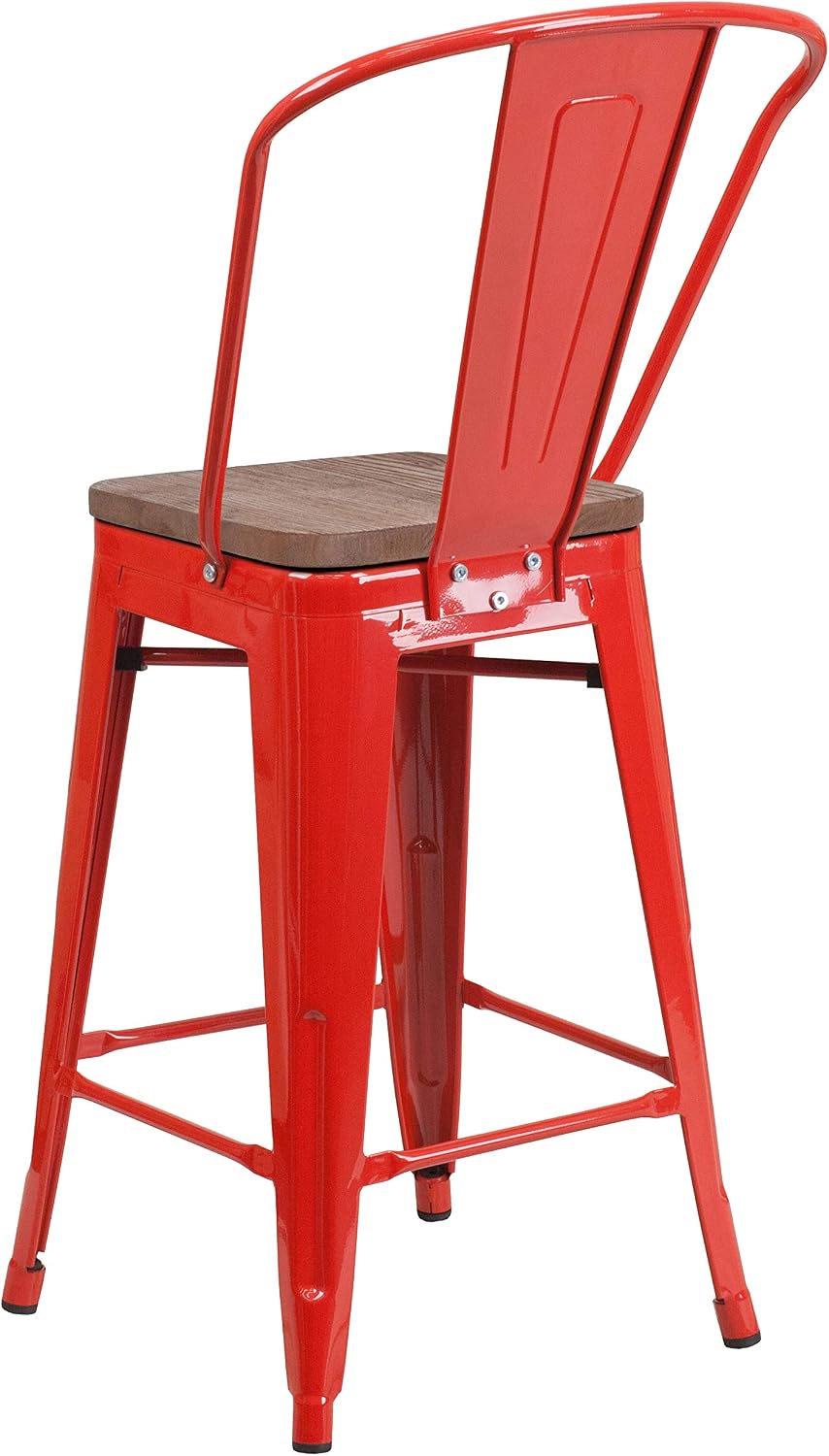 Taylor + Logan 24 Inch High Metal Counter Height Stool with Back and Wood Seat, Set of 4, Red
