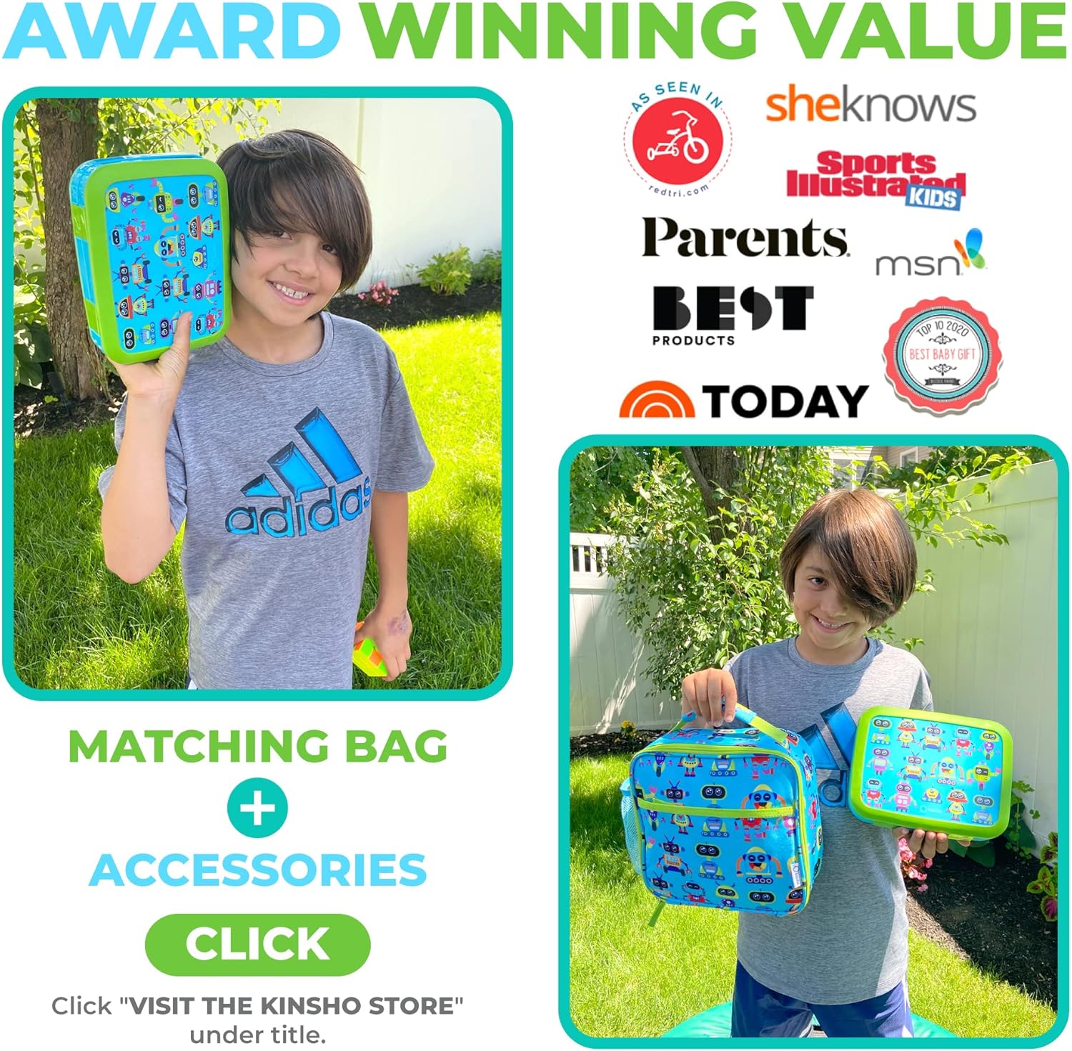 kinsho Bento Lunch Box for Kids Toddlers Boys, 4 Portion Sections Secure, BPA Free Removable Tray, Pre-School Kid Daycare Lunches Snack Container, Green Robot Ages 3 to 5 - Image 7