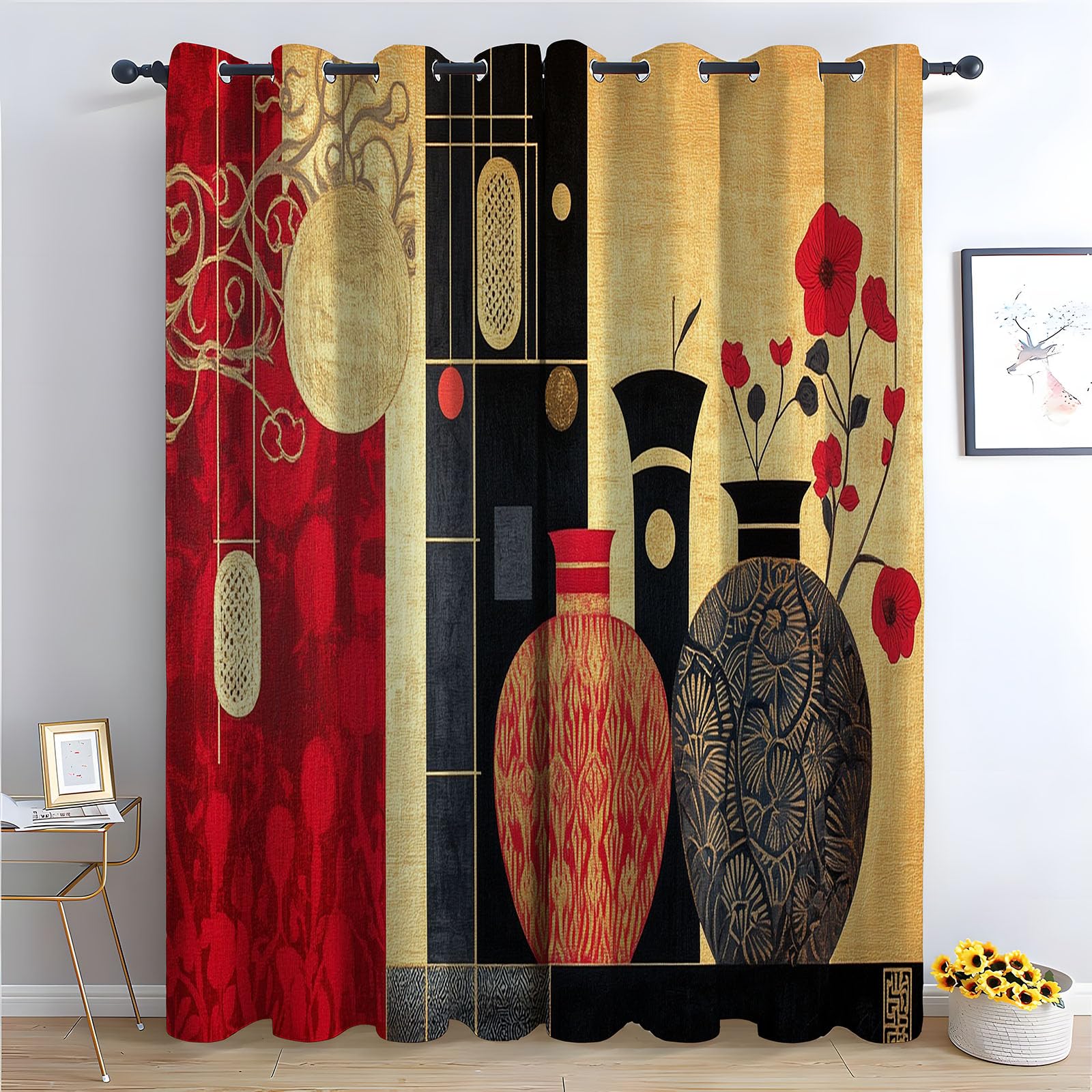 TERUEA Abstract Printed Drapes, Modern Artistic Home Decor Vintage geometric bloom in red decorative vase Curtain, Top Grommets Blackout Luxury Window Treatment for Bedroom-42 W x 72" L (Pack of 2)