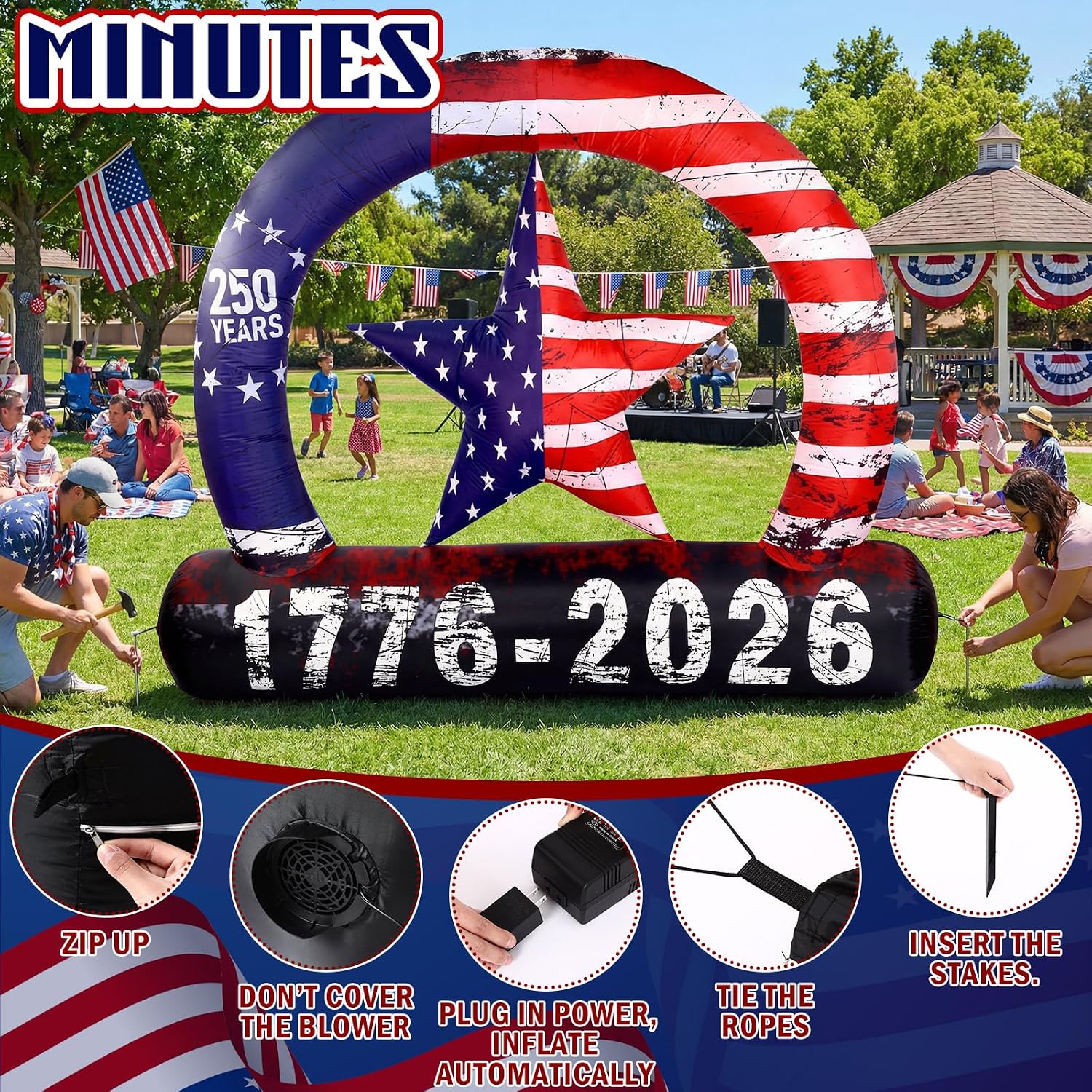Unittype 7.9 ft 250th Anniversary Patriotic Arch Inflatable Outdoor Decoration 4th of July Red Blue and White American Flag Blow up Arch with Star Built-in LED Lights for Independence Day Lawn Yard