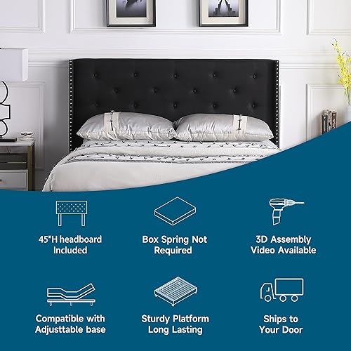 Miniatura 15 de Base de cama de plataforma tapizada Queen con cabecera de 45 pulgadas y base ajustable, cama de lino copetuda con botones, soporte de listones de