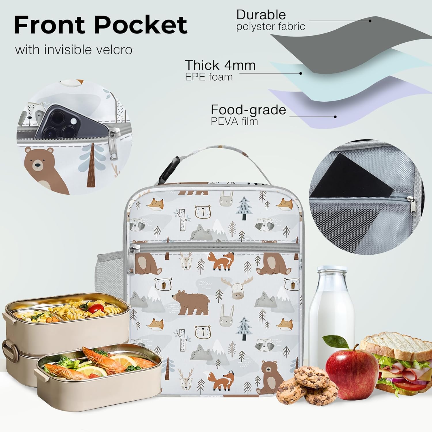 Clastyle Jungle Animal Insulated Kids Lunch Bag Leaf Large Thermal Cooler Bag for Girl Picnic School Toddler Lunch Box Tote,Grey - Image 5