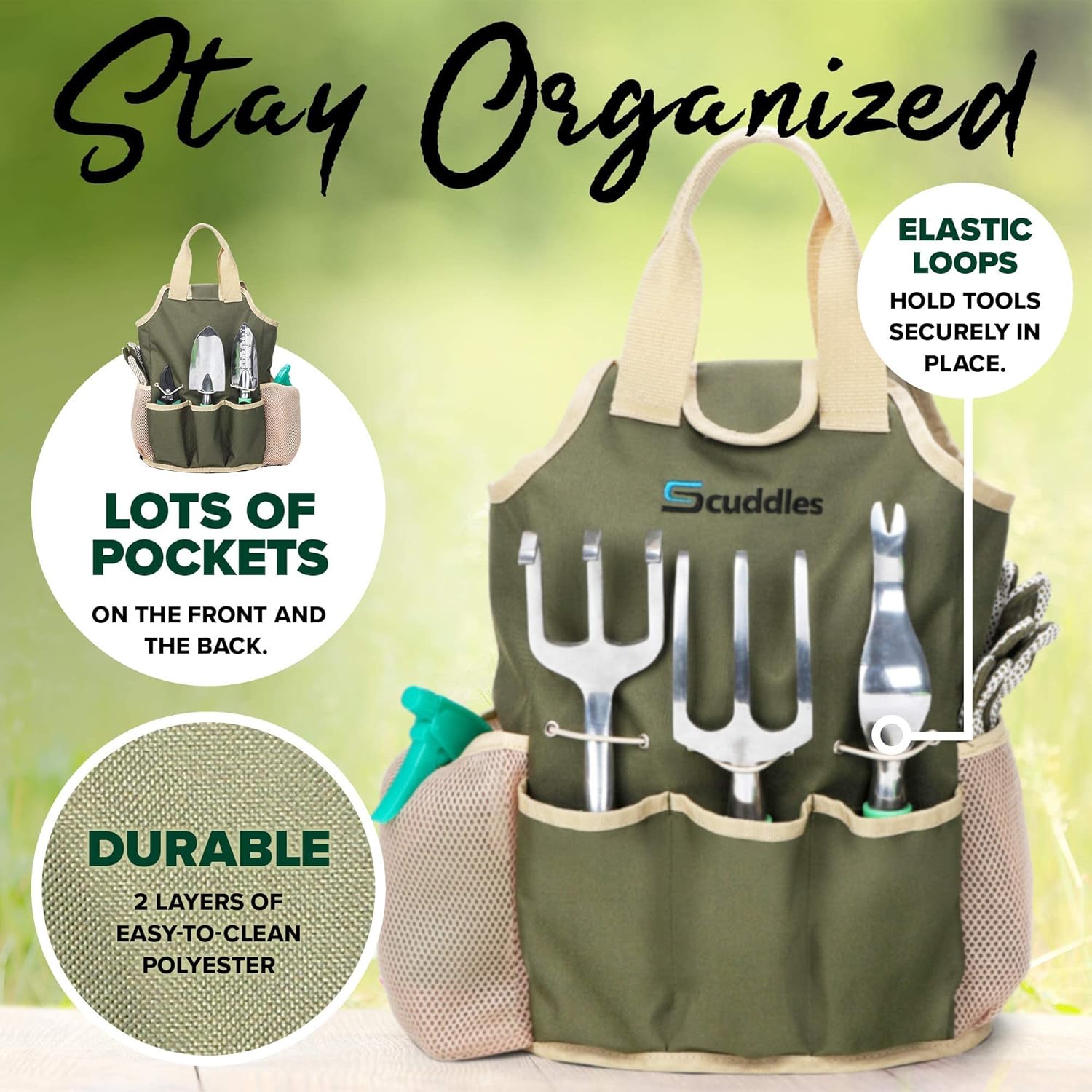 Scuddles Garden Tools Set - 10 Piece Heavy Duty Gardening Tools with Storage Organizer, Ergonomic Hand Digging Weeder, Rake, Shovel, Trowel, for Men & Women : Patio, Lawn & Garden