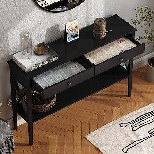 Miniatura 3 de ChooChoo Mesa consola de 47 pulgadas con cajones, mesa de sofá estrecha de madera con estante de almacenamiento para entrada, pasillo delantero,