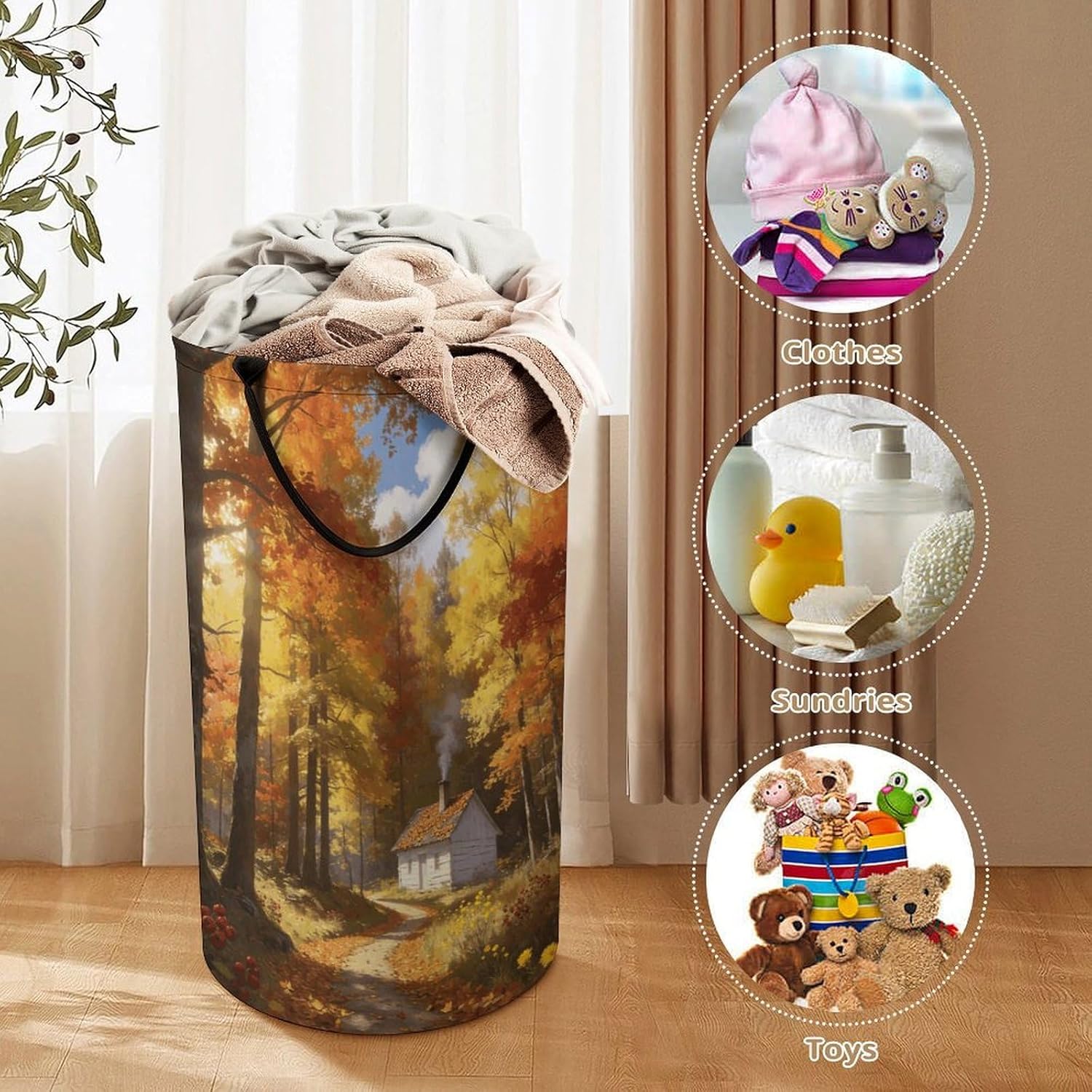 Warm Smoke Cottage Laundry Hamper with Handles Waterproof Collapsible Laundry Basket Large Lightweight Round Dirty Clothes Hamper for Home Dorm Bathroom Decor