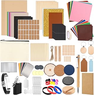 Csyidio 175 PCS Engraving Material Box, DIY Materials Apply to All Laser Engravers with Instructions, Laser Engraving Supplies Including Acrylic, Metal, Wood, Fabric, Rubber Materials