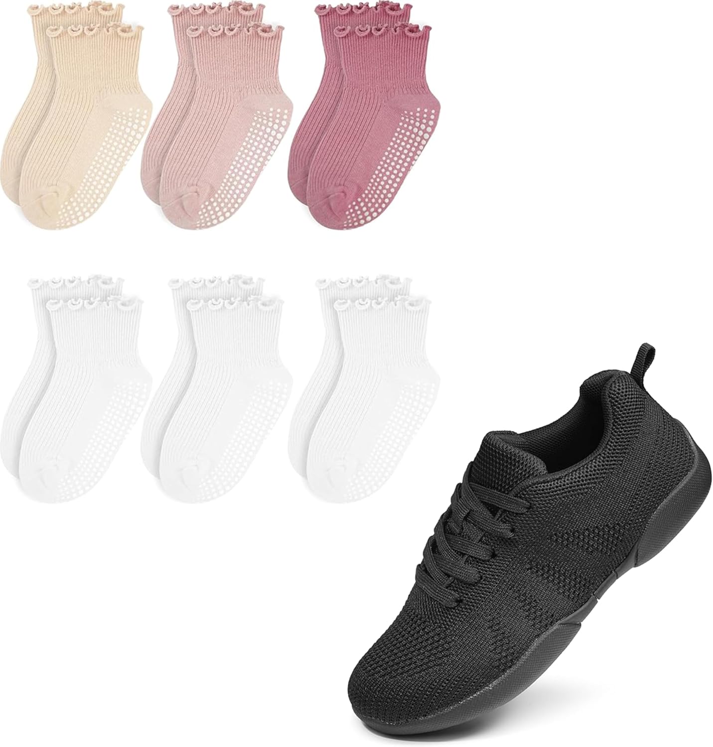 Kids Frilly Ruffle Crew Socks with Girls Cheerleading Shoes 6 Pairs White White White Orange Pink Deep Pink 5-6 Years & Black Size 11 M US Little Kid