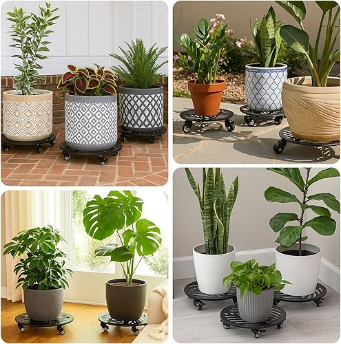 Miniatura 4 de 2 paquetes de metal para plantas con ruedas de 13 pulgadas, soportes rodantes de hierro forjado de alta resistencia con ruedas para interiores y
