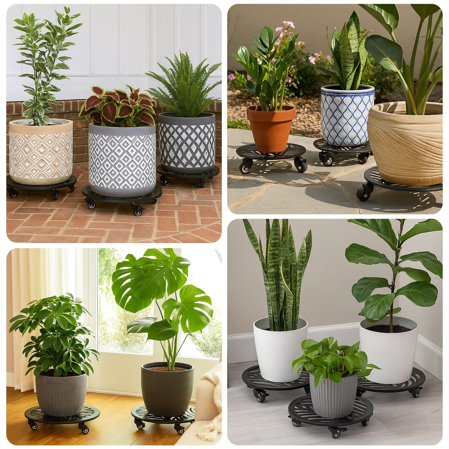 2 paquetes de 16 pulgadas de metal extragrande para plantas con ruedas, soporte de hierro resistente con ruedas, para interiores y exteriores, base de rodillo, para mover macetas, carrito de