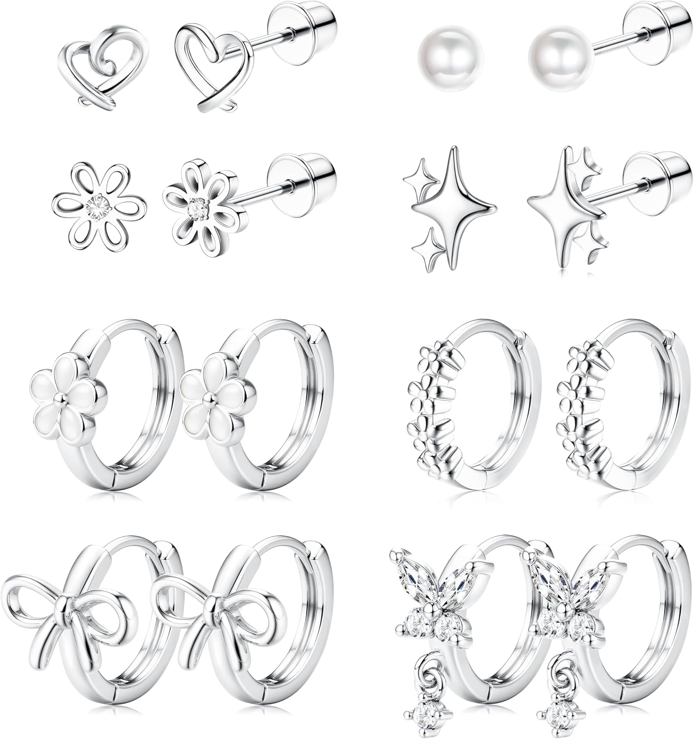 ORAZIO Hypoallergenic Earrings for Girls Women Kids Surgical Stainless Steel Screw Back Bow Heart Flower Stud Hoop Toddler Kids Earrings for Girls Sensitive Ears Over 4 Years Old