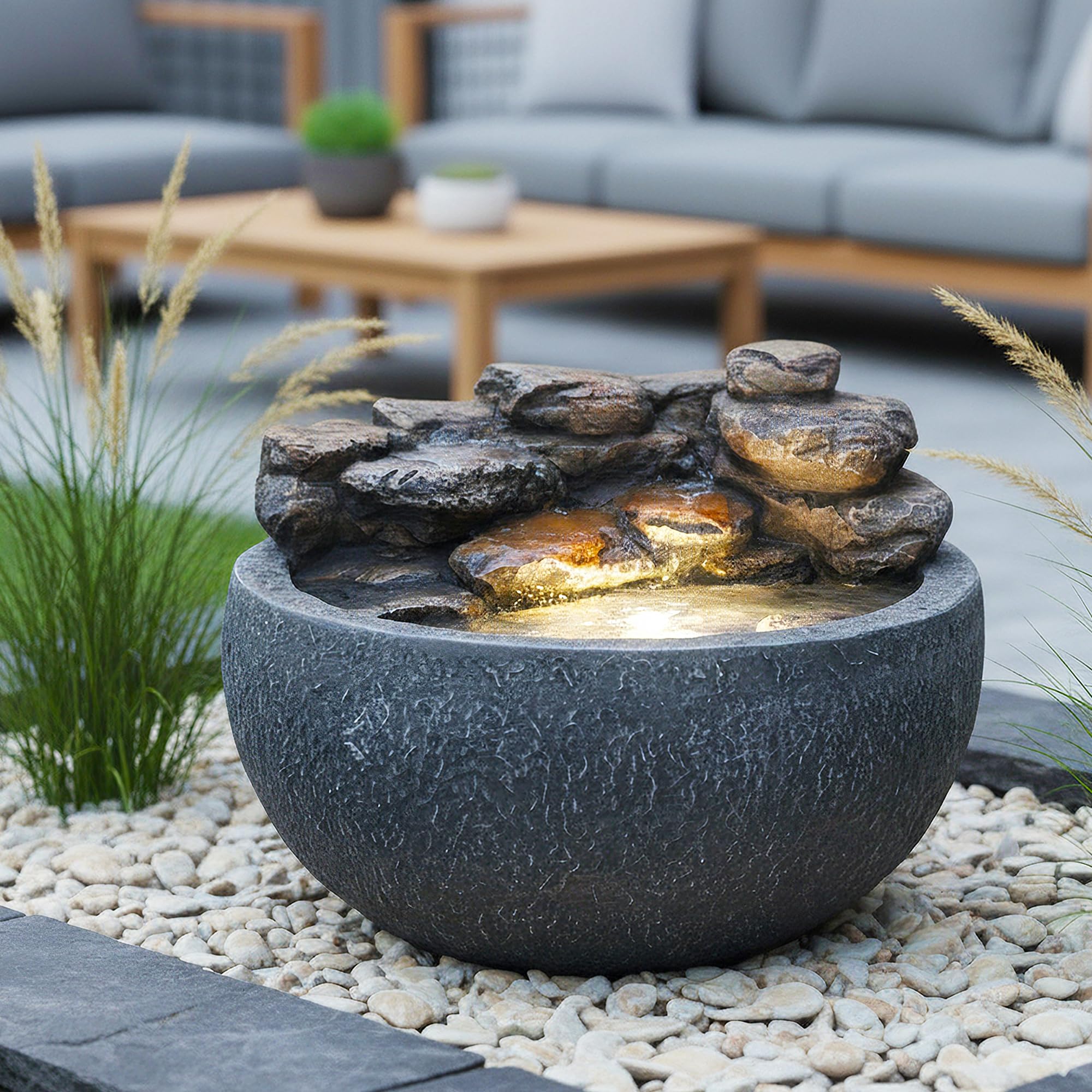 LED Zimmerbrunnen & Gartenbrunnen in Steinoptik Ø 42 cm – mit warmweißer Beleuchtung, Wasserfall & 450 L/h Pumpe – Indoor & Outdoor Deko Brunnen aus Polyresin, Komplett-Set mit Netzteil