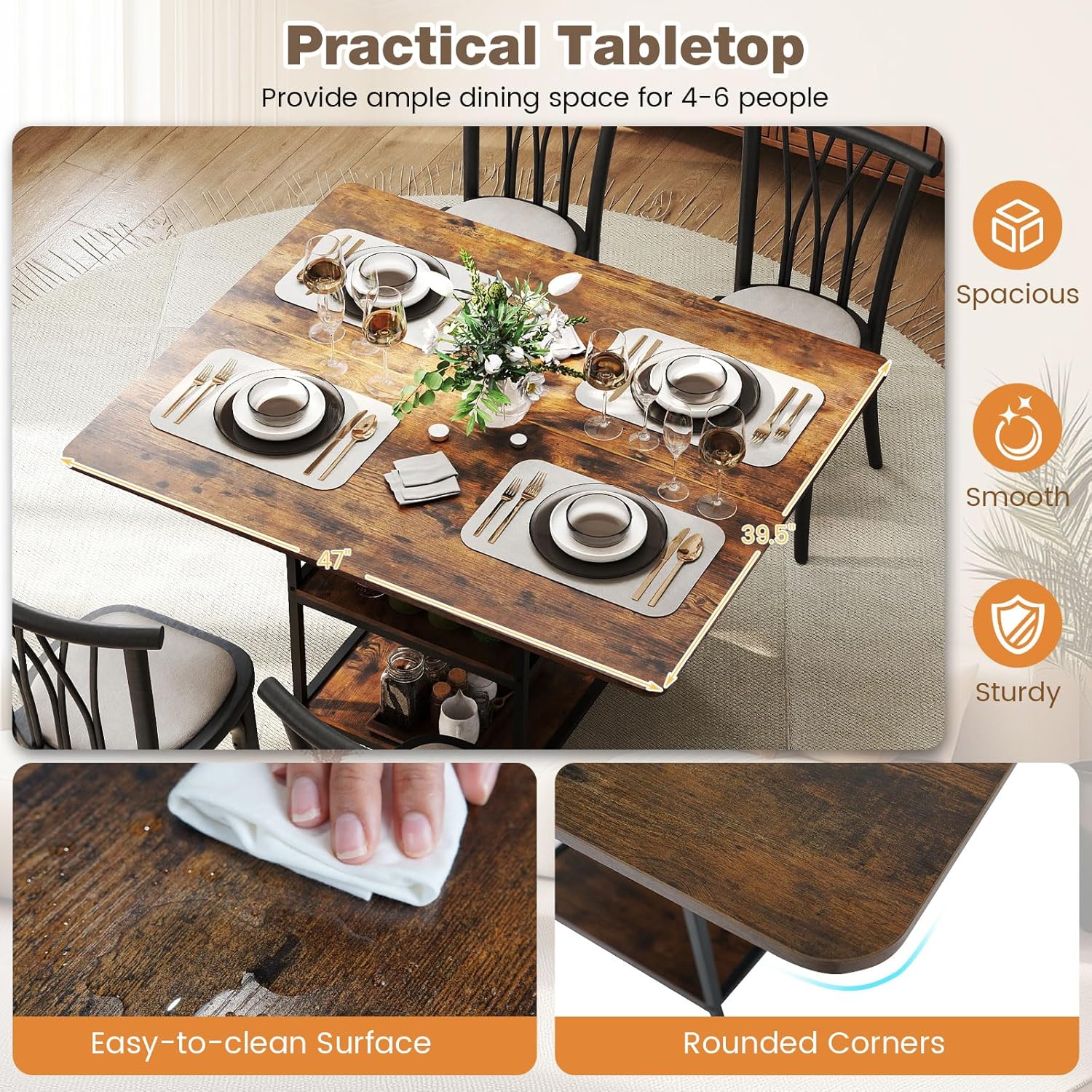 Giantex 47-inches Dining Table for 4-6, Rectangular Kitchen Table with 2 Open Storage Shelves & Sturdy Metal Legs, Farmhouse Dinette Table for Dinner, Dining Room, Living Room, Rustic Brown