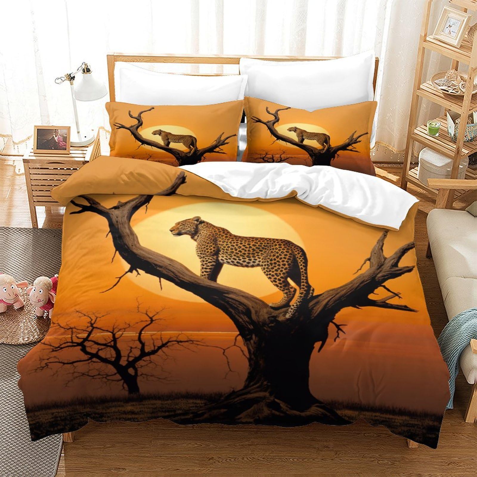 P1S9U7W5Y Sunset Safari 3D Printed Leopard Duvet Cover Set 3pcs Microfiber Wildlife Bedding Set King