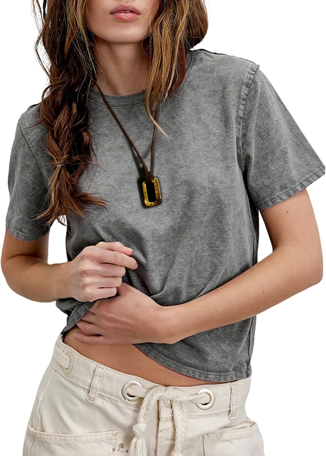 Vintage T Shirts for Women Casual Washed Cropped Tops Short Sleeve Cotton Tshirts Summer Basic Tees Trendy