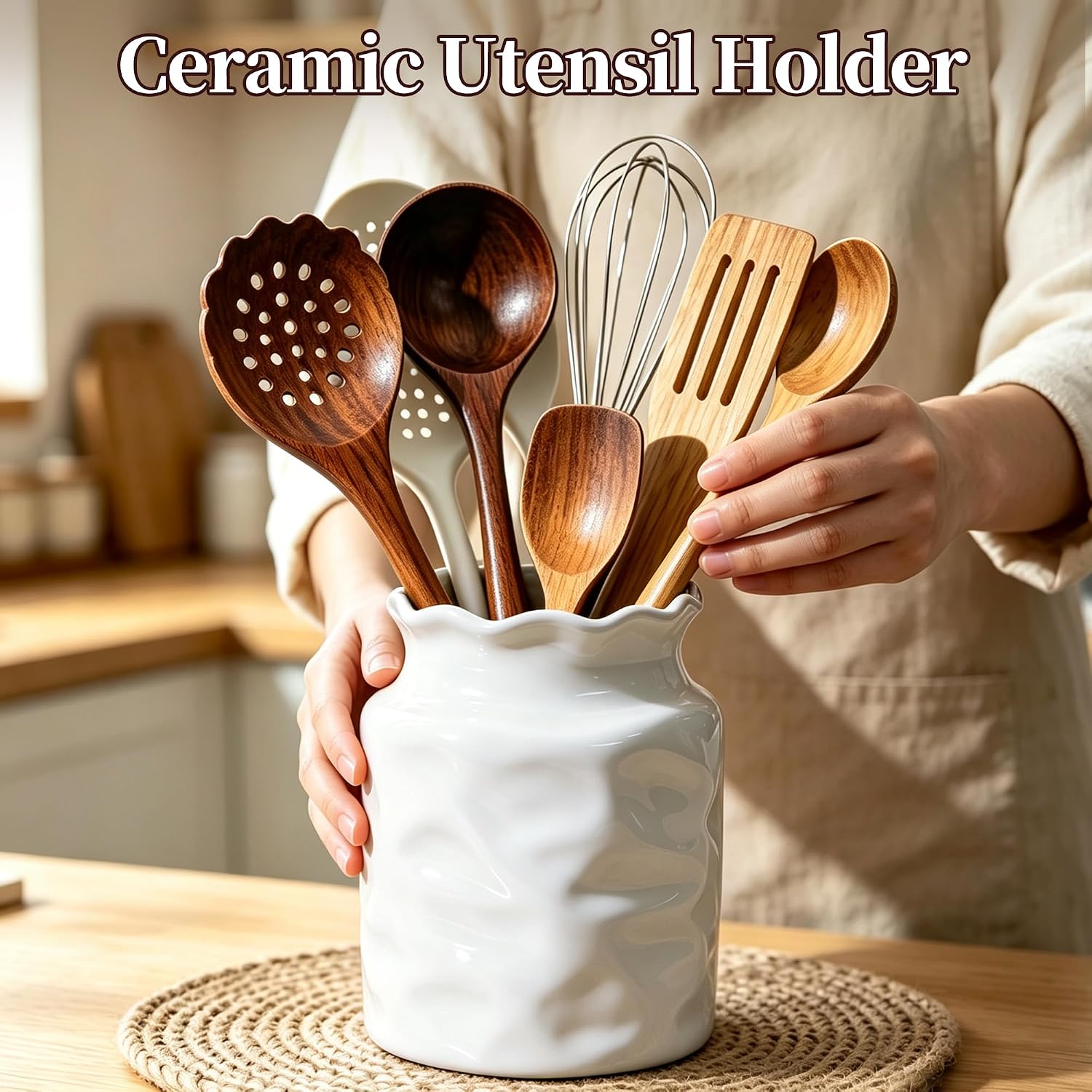 ceramic utensil holder for kitchen counter (White)