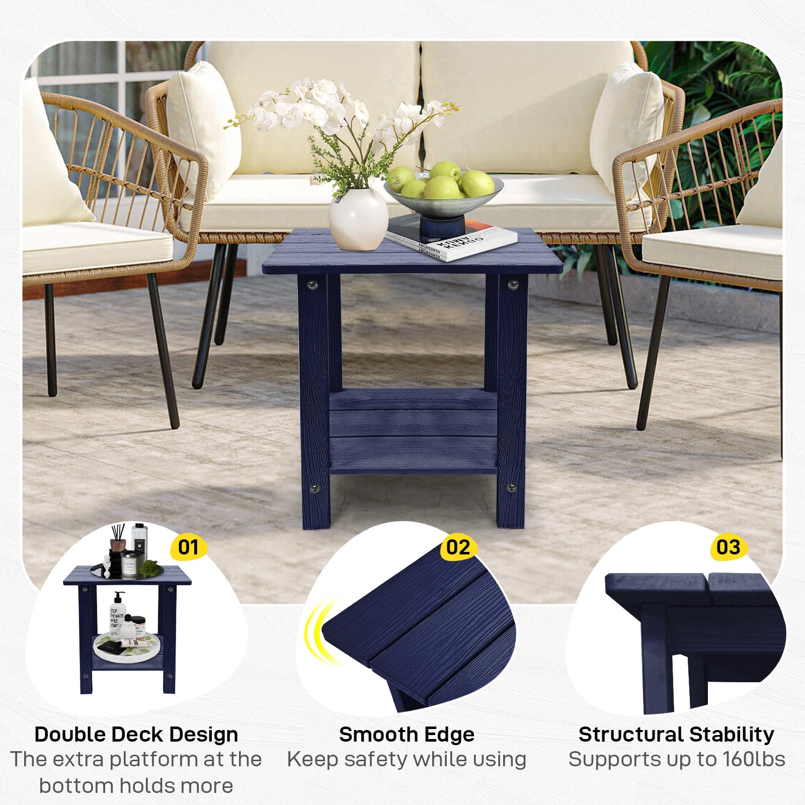Mesa auxiliar para exteriores, mesa auxiliar Adirondack doble pequeña resistente a la intemperie, mesa auxiliar para interiores y exteriores para silla Adirondack, mesa de patio de 17 pulgadas 3